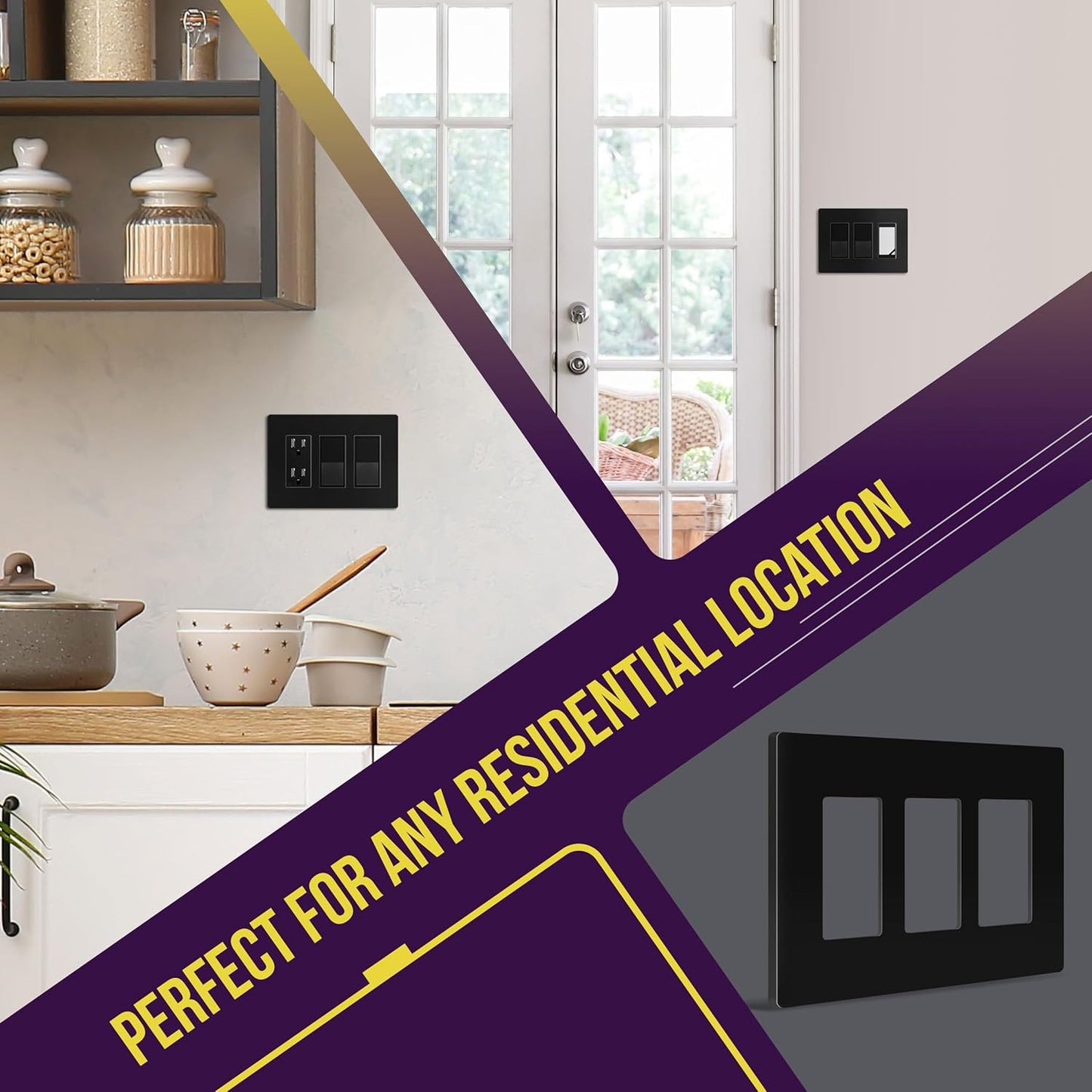 ENERLITES 3-Gang Screwless Decorator Wall Plate Outlet Covers, Child-Safe, Gloss Finish, 4.88" x 6.77", Unbreakable Black Polycarbonate Thermoplastic