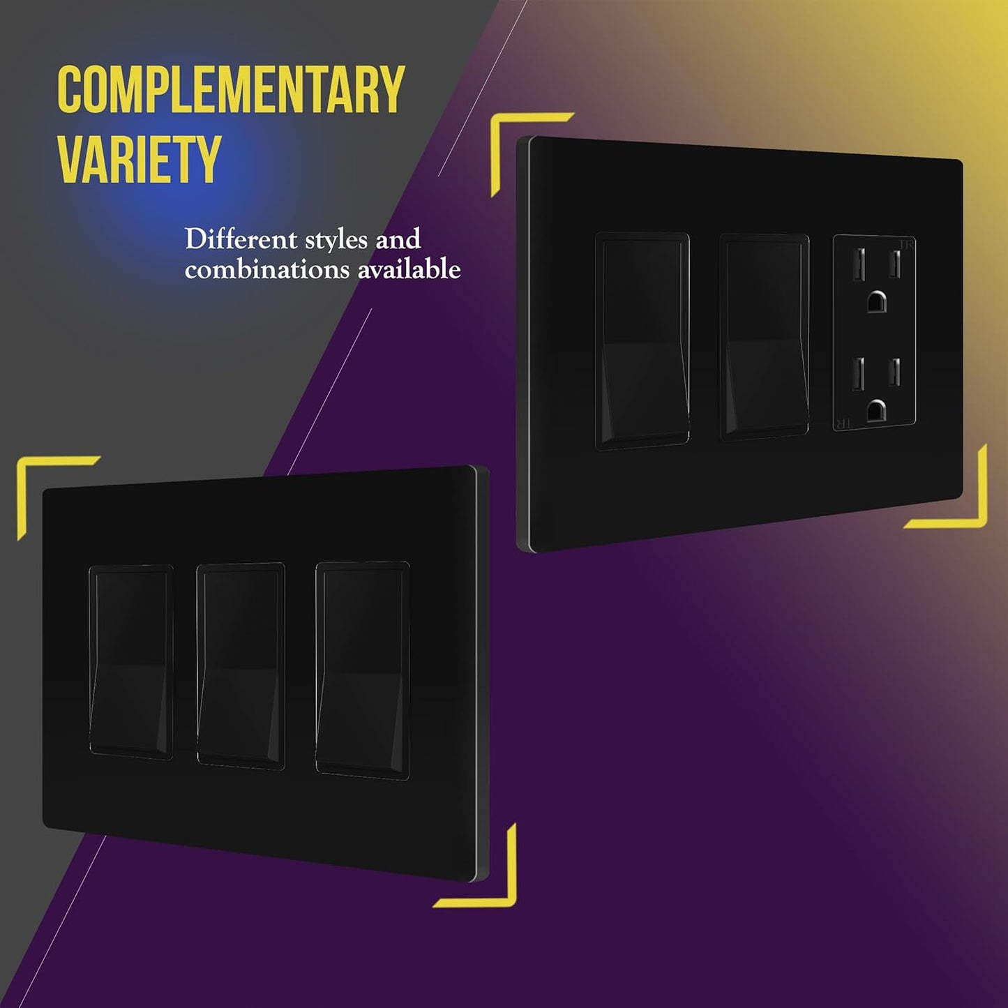 ENERLITES 3-Gang Screwless Decorator Wall Plate Outlet Covers, Child-Safe, Gloss Finish, 4.88" x 6.77", Unbreakable Black Polycarbonate Thermoplastic