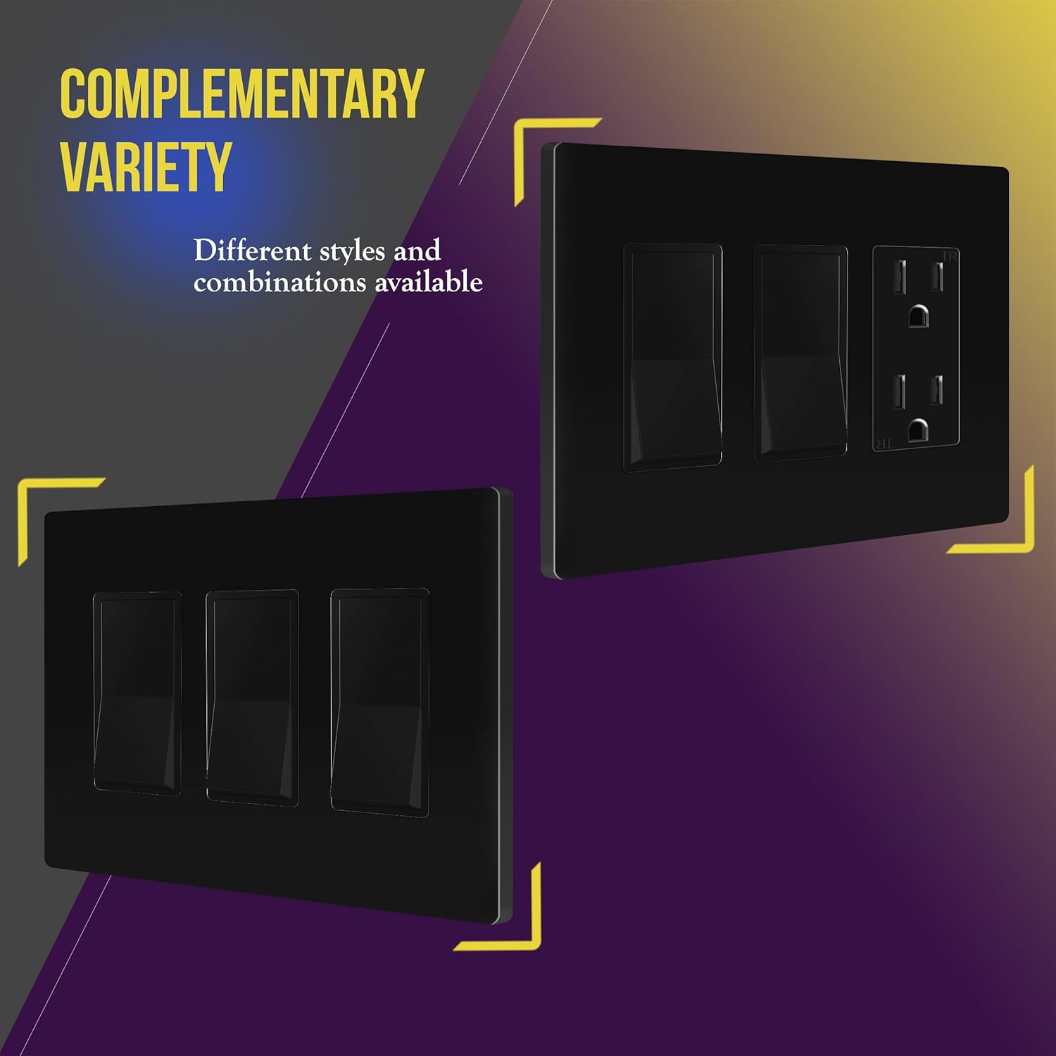 ENERLITES 3-Gang Screwless Decorator Wall Plate Outlet Covers, Child-Safe, Gloss Finish, 4.88" x 6.77", Unbreakable Black Polycarbonate Thermoplastic