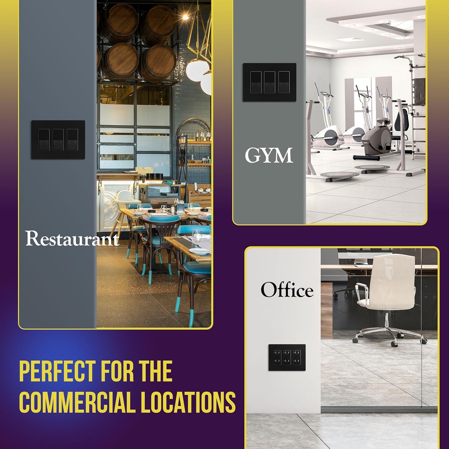 ENERLITES 3-Gang Screwless Decorator Wall Plate Outlet Covers, Child-Safe, Gloss Finish, 4.88" x 6.77", Unbreakable Black Polycarbonate Thermoplastic