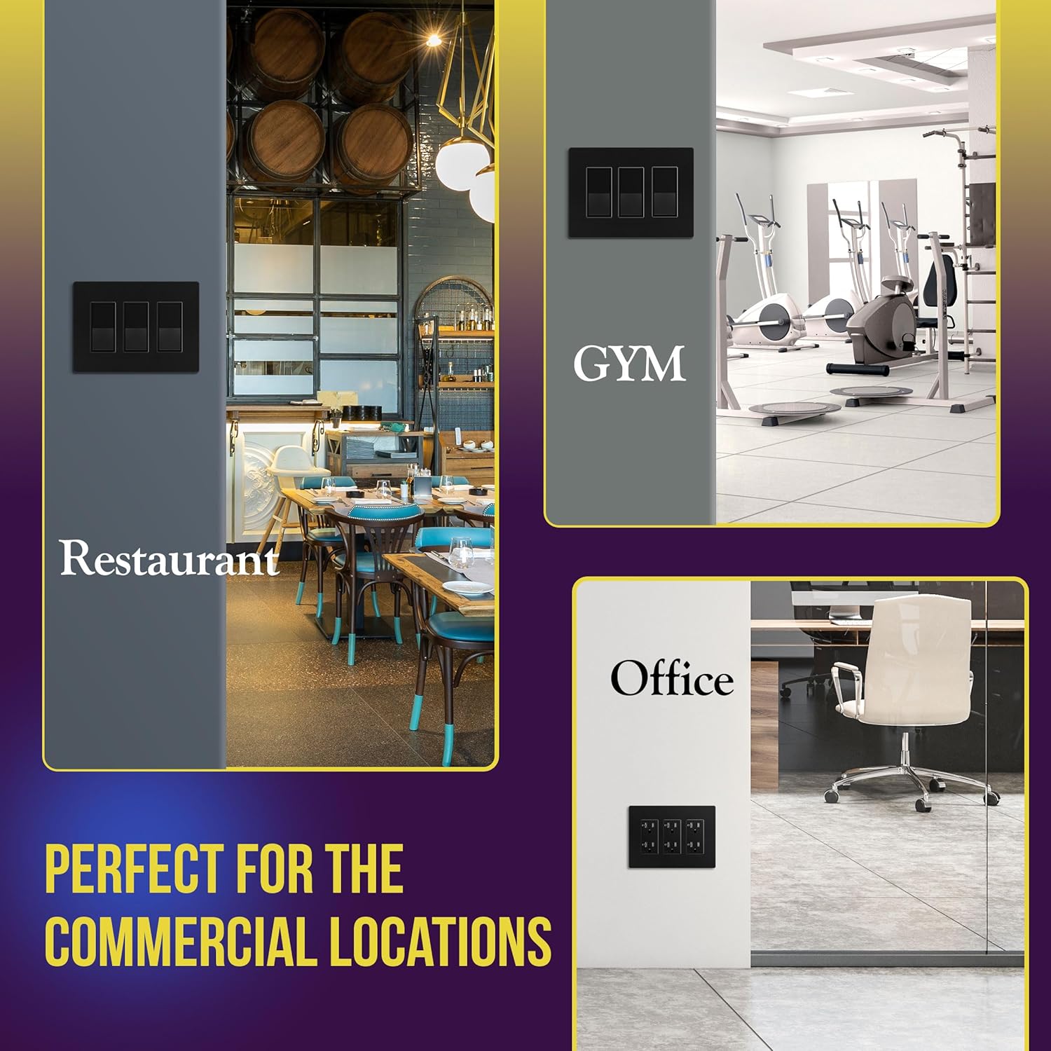 ENERLITES 3-Gang Screwless Decorator Wall Plate Outlet Covers, Child-Safe, Gloss Finish, 4.88" x 6.77", Unbreakable Black Polycarbonate Thermoplastic