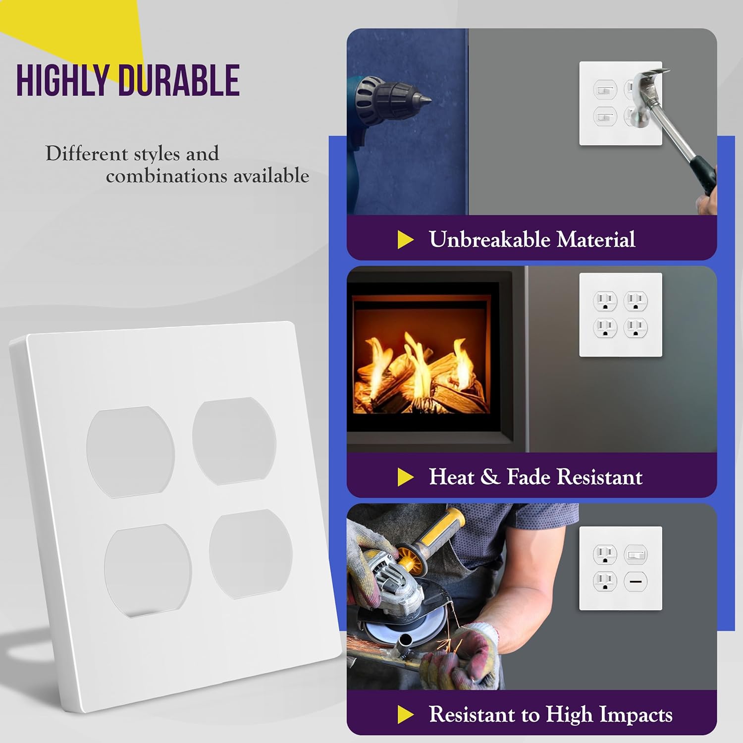 ENERLITES SI8822-W Screwless Duplex Wall Plate, Child Safe Outlet Cover, 2-Gang 4.68" x 4.73", Unbreakable Polycarbonate, Glossy White - UL Listed