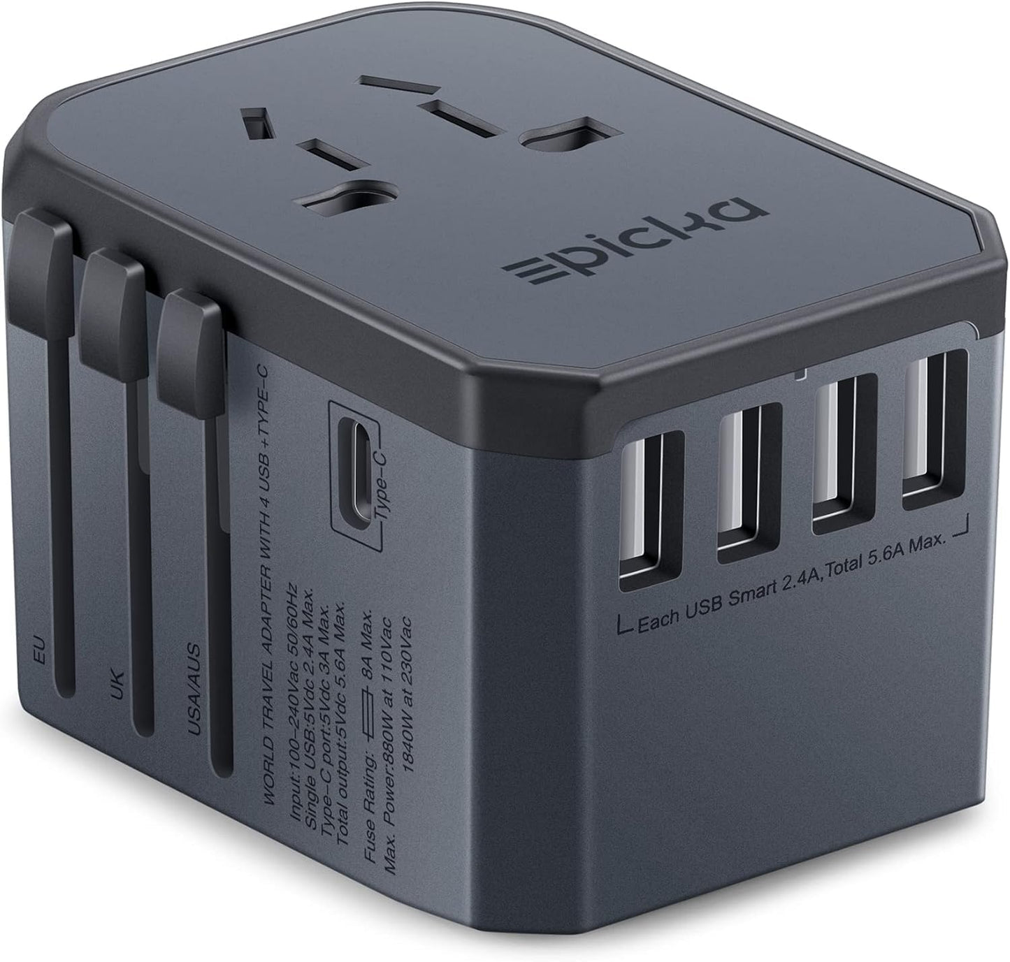 EPICKA Universal Travel Adapter with 5.6A Smart Power, USB-C, and AC Plug Adaptor for USA EU UK AUS - Space Gray