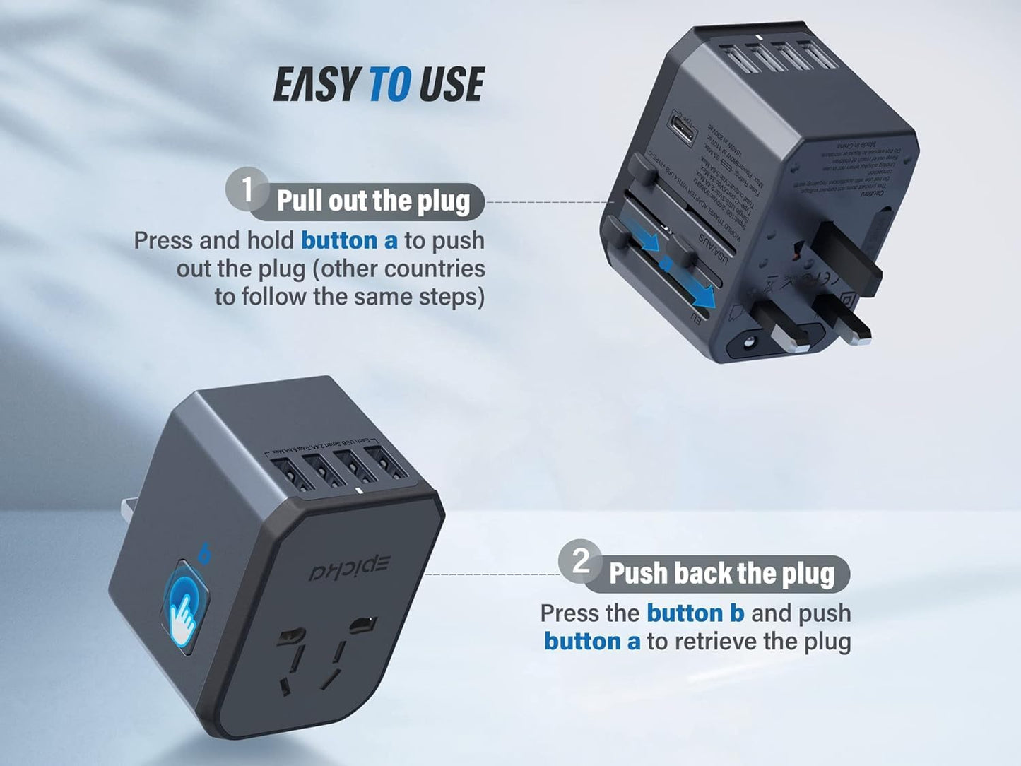 EPICKA Universal Travel Adapter with 5.6A Smart Power, USB-C, and AC Plug Adaptor for USA EU UK AUS - Space Gray
