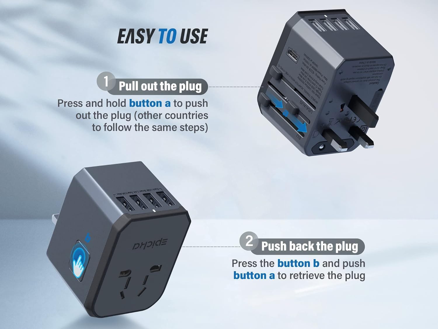 EPICKA Universal Travel Adapter with 5.6A Smart Power, USB-C, and AC Plug Adaptor for USA EU UK AUS - Space Gray