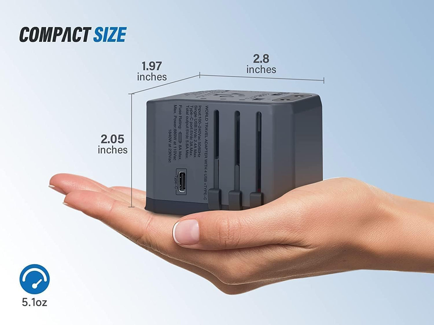 EPICKA Universal Travel Adapter with 5.6A Smart Power, USB-C, and AC Plug Adaptor for USA EU UK AUS - Space Gray