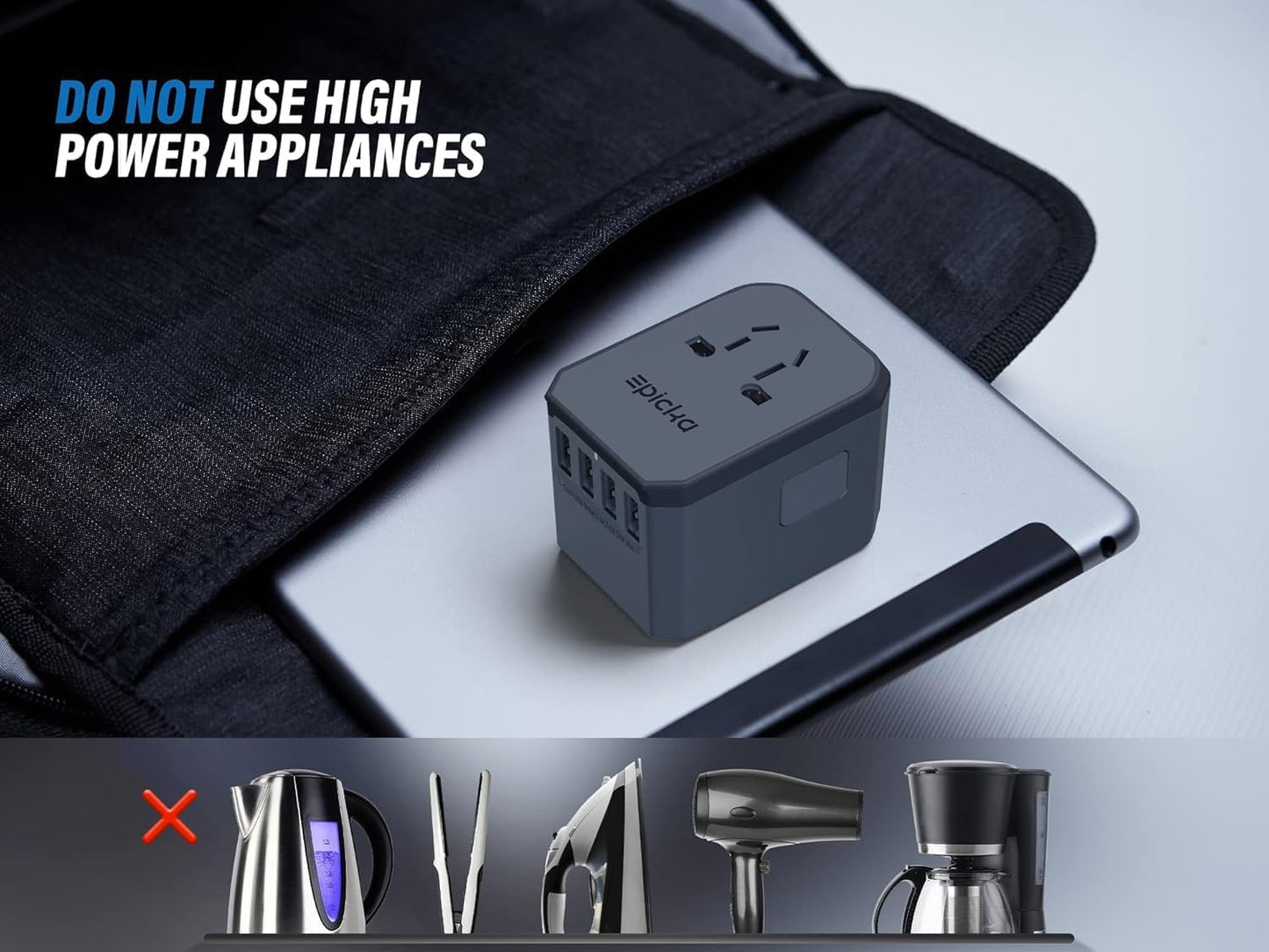 EPICKA Universal Travel Adapter with 5.6A Smart Power, USB-C, and AC Plug Adaptor for USA EU UK AUS - Space Gray