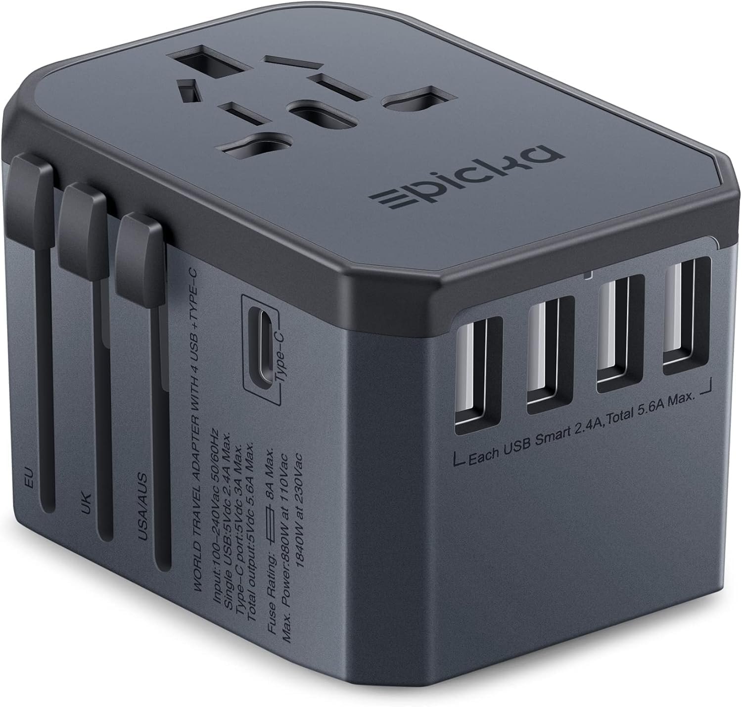 EPICKA Universal Travel Adapter with 5.6A Smart Power, USB-C, and AC Plug Adaptor for USA EU UK AUS - Space Gray