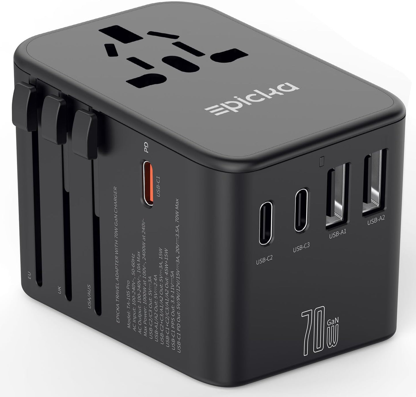 EPICKA Universal Travel Adapter with GaN Technology - 5-in-1 International Plug Adapter with 3 USB-C and 2 USB-A Ports for Fast Charging - Compatible in USA EU UK AUS - Black