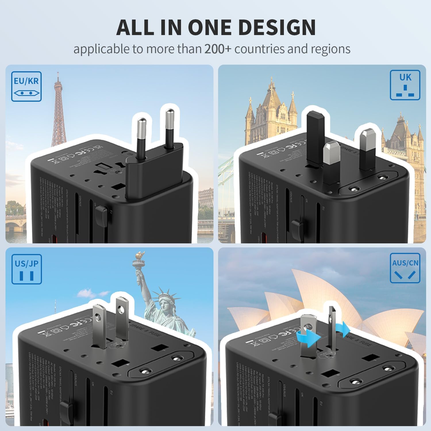 EPICKA Universal Travel Adapter with GaN Technology - 5-in-1 International Plug Adapter with 3 USB-C and 2 USB-A Ports for Fast Charging - Compatible in USA EU UK AUS - Black