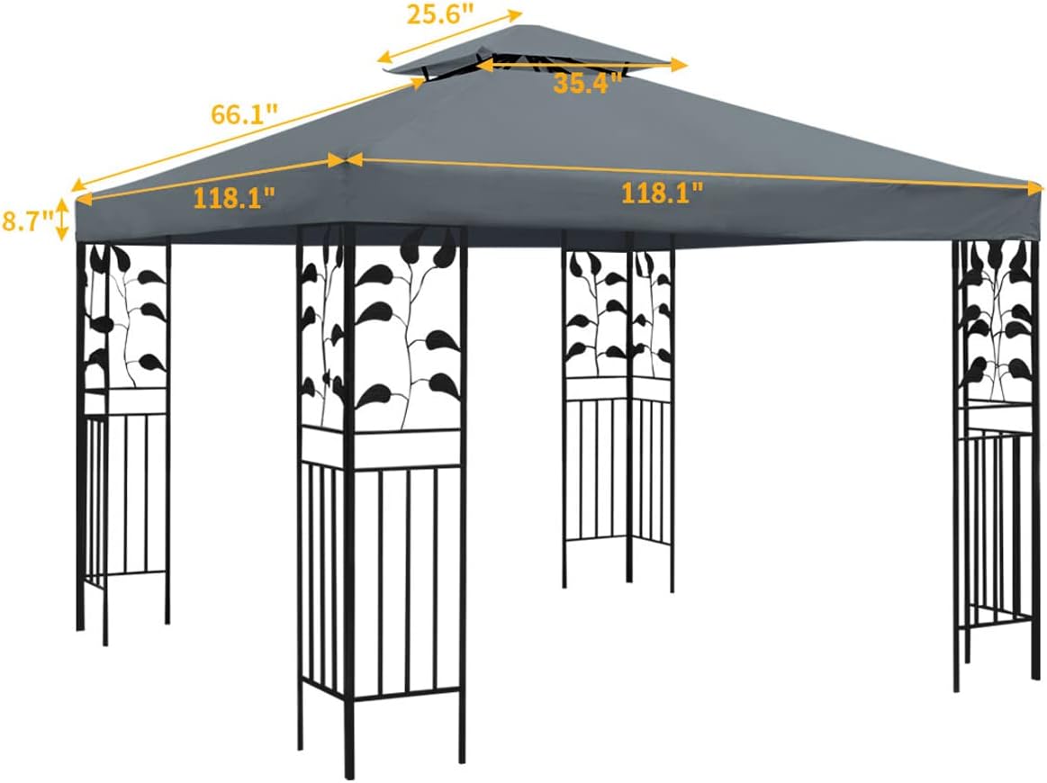 ERFEI 118"x118" Gazebo Canopy Replacement for 10x10ft Outdoor Shelter - Double Tiered Canopy Cover