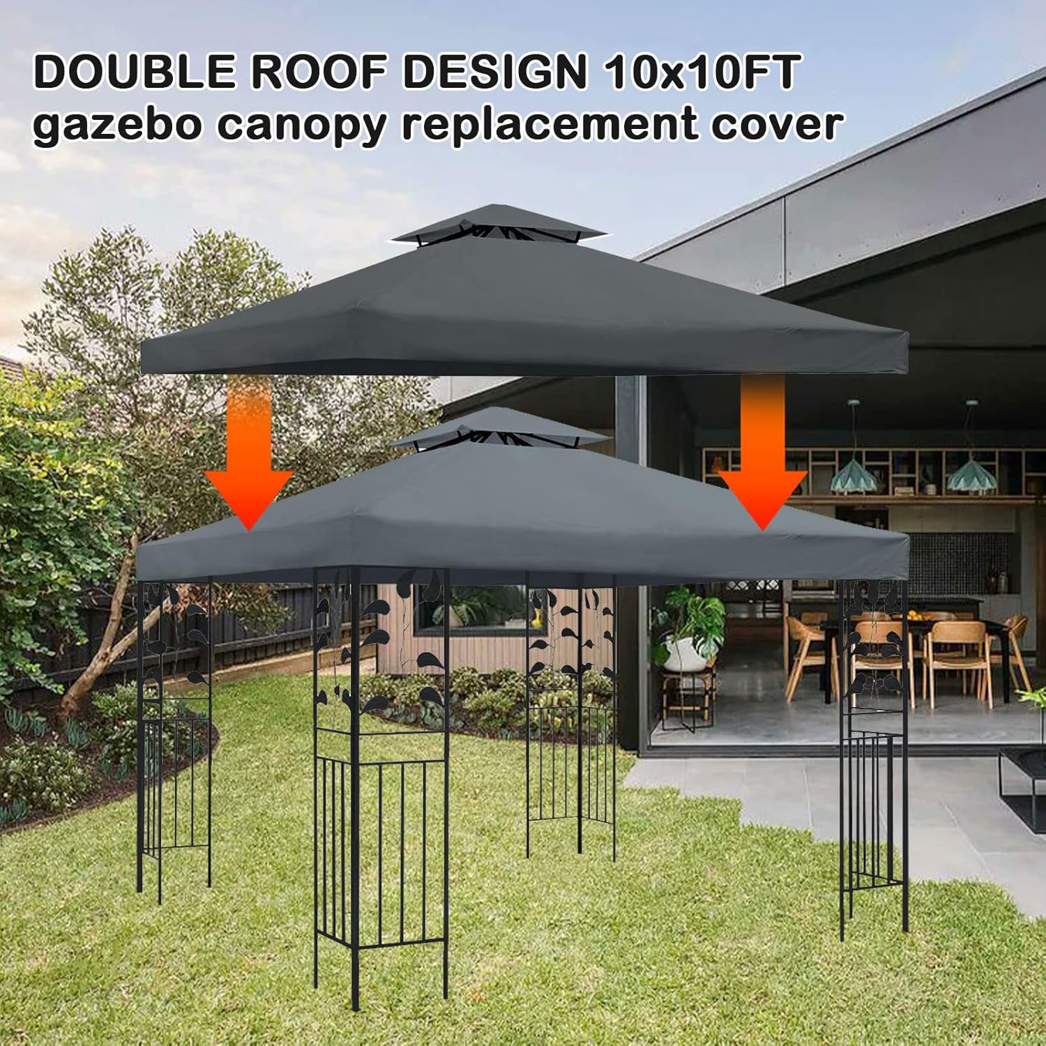ERFEI 118"x118" Gazebo Canopy Replacement for 10x10ft Outdoor Shelter - Double Tiered Canopy Cover