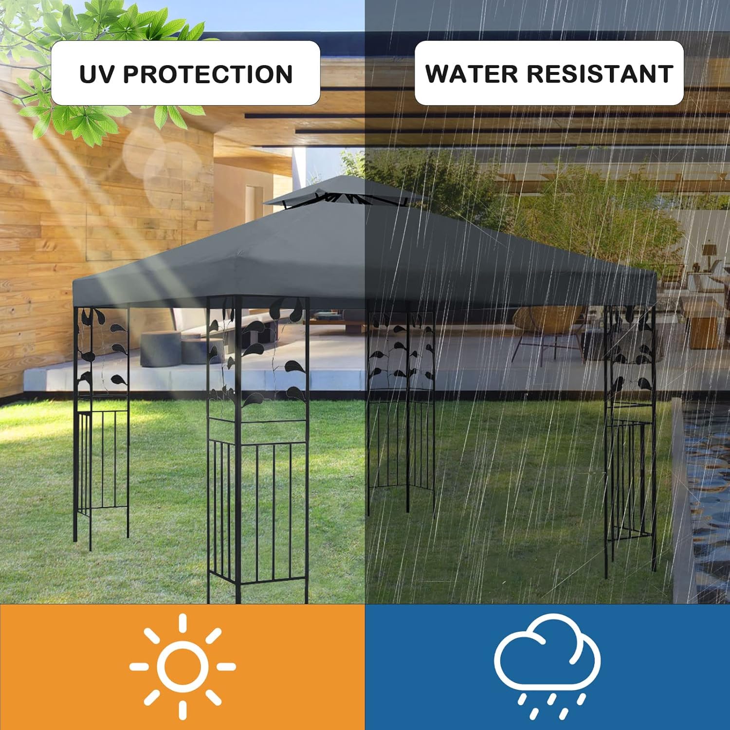 ERFEI 118"x118" Gazebo Canopy Replacement for 10x10ft Outdoor Shelter - Double Tiered Canopy Cover