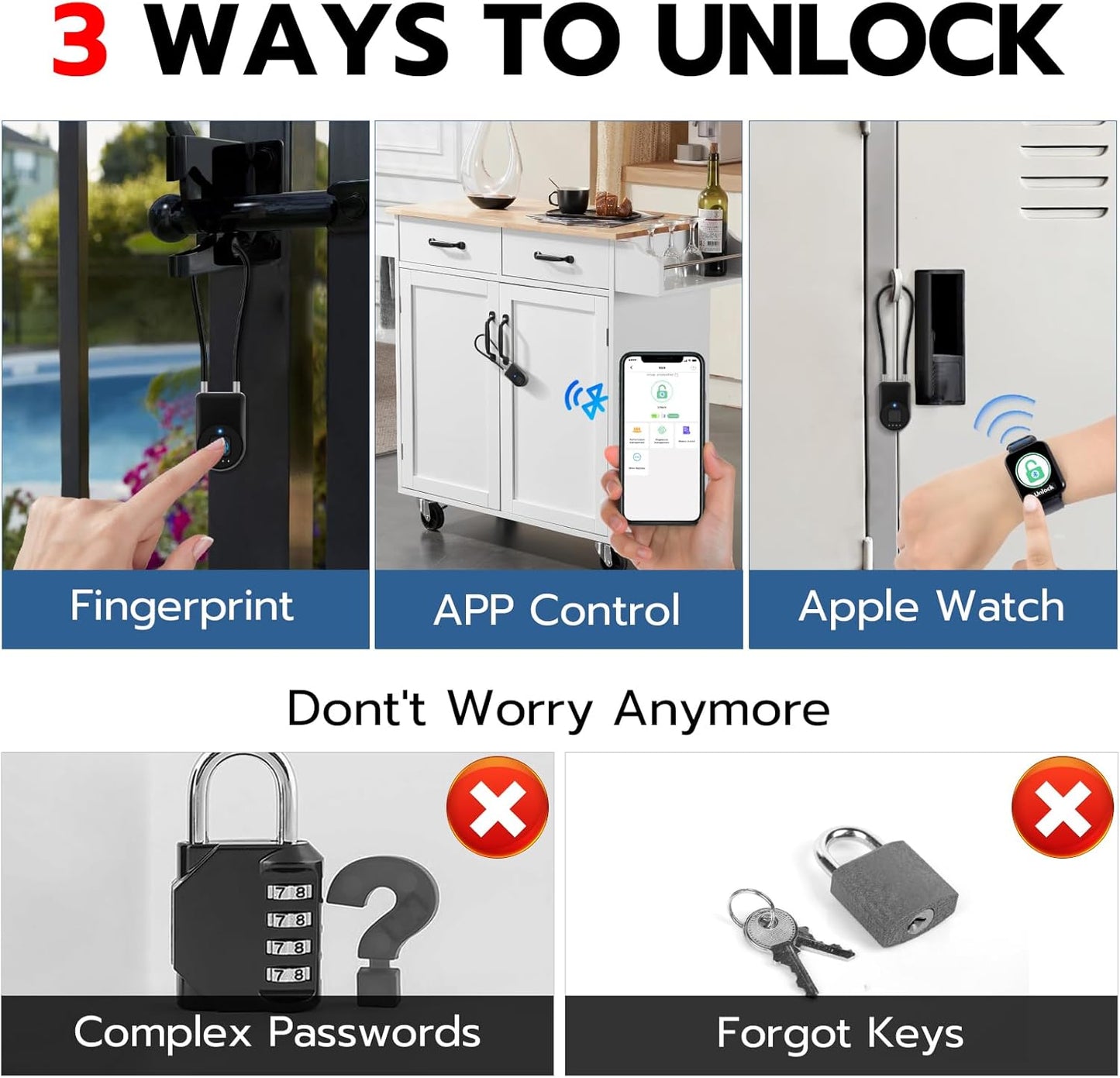 Eseesmart Long Shackle Fingerprint Cable Lock with APP Control - Waterproof Outdoor Padlock for Gym, Luggage, Cabinets - WildKart