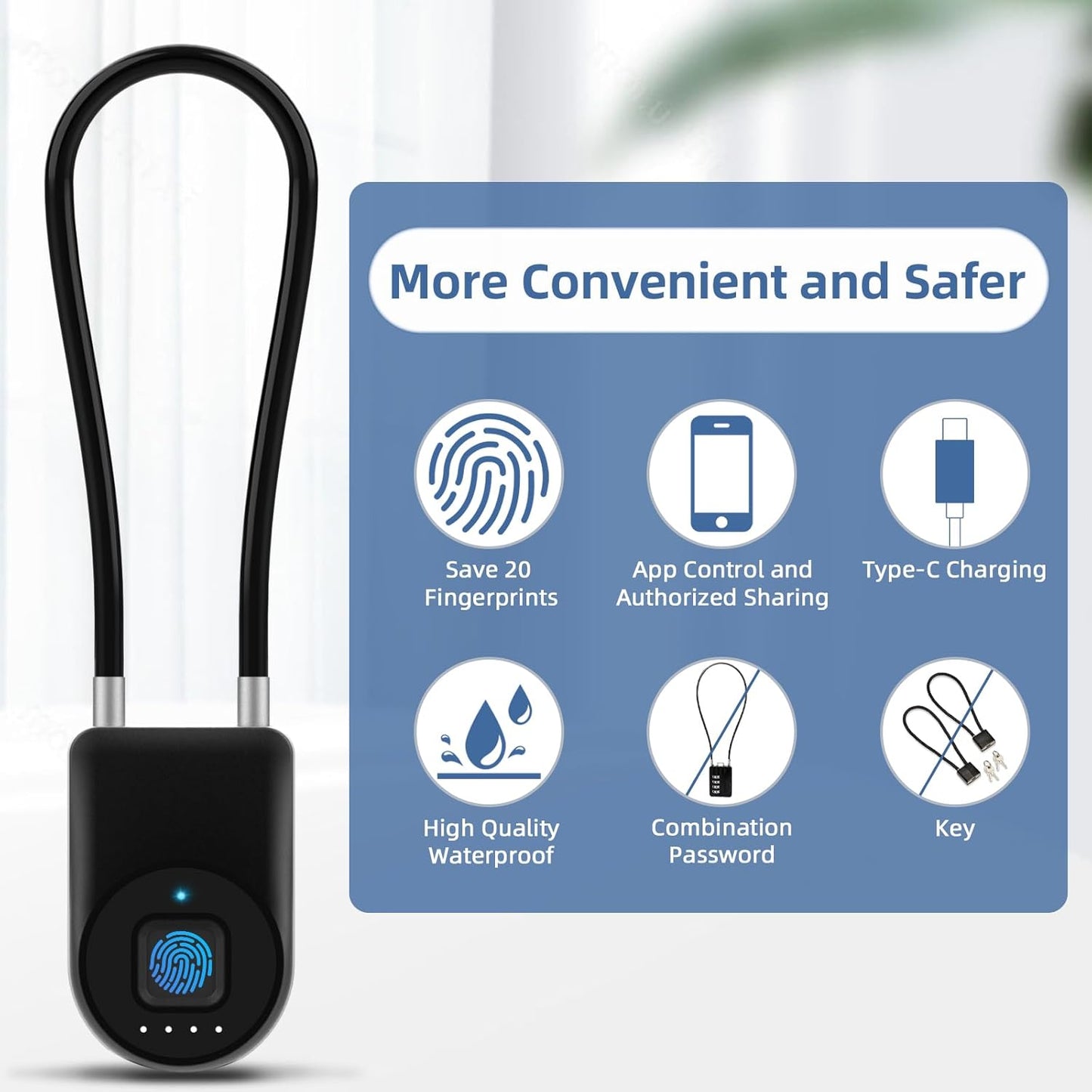 Eseesmart Long Shackle Fingerprint Cable Lock with APP Control - Waterproof Outdoor Padlock for Gym, Luggage, Cabinets - WildKart