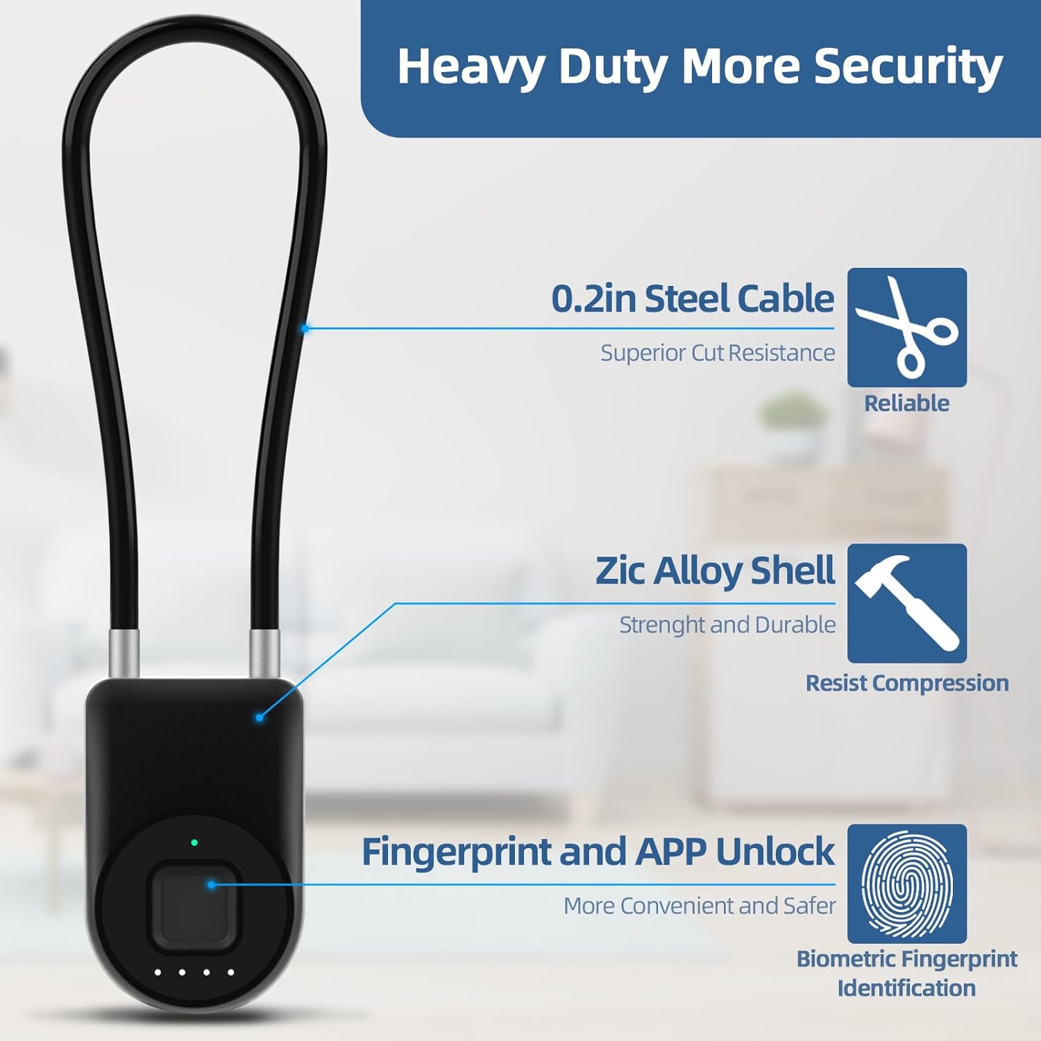 Eseesmart Long Shackle Fingerprint Cable Lock with APP Control - Waterproof Outdoor Padlock for Gym, Luggage, Cabinets - WildKart