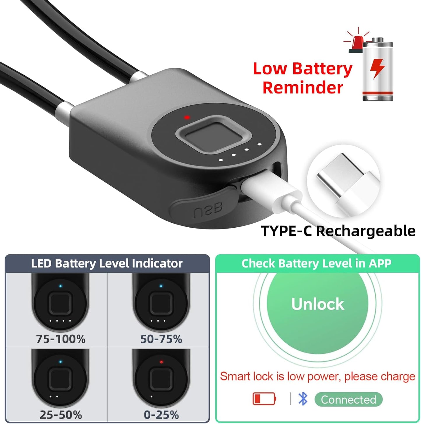 Eseesmart Long Shackle Fingerprint Cable Lock with APP Control - Waterproof Outdoor Padlock for Gym, Luggage, Cabinets - WildKart