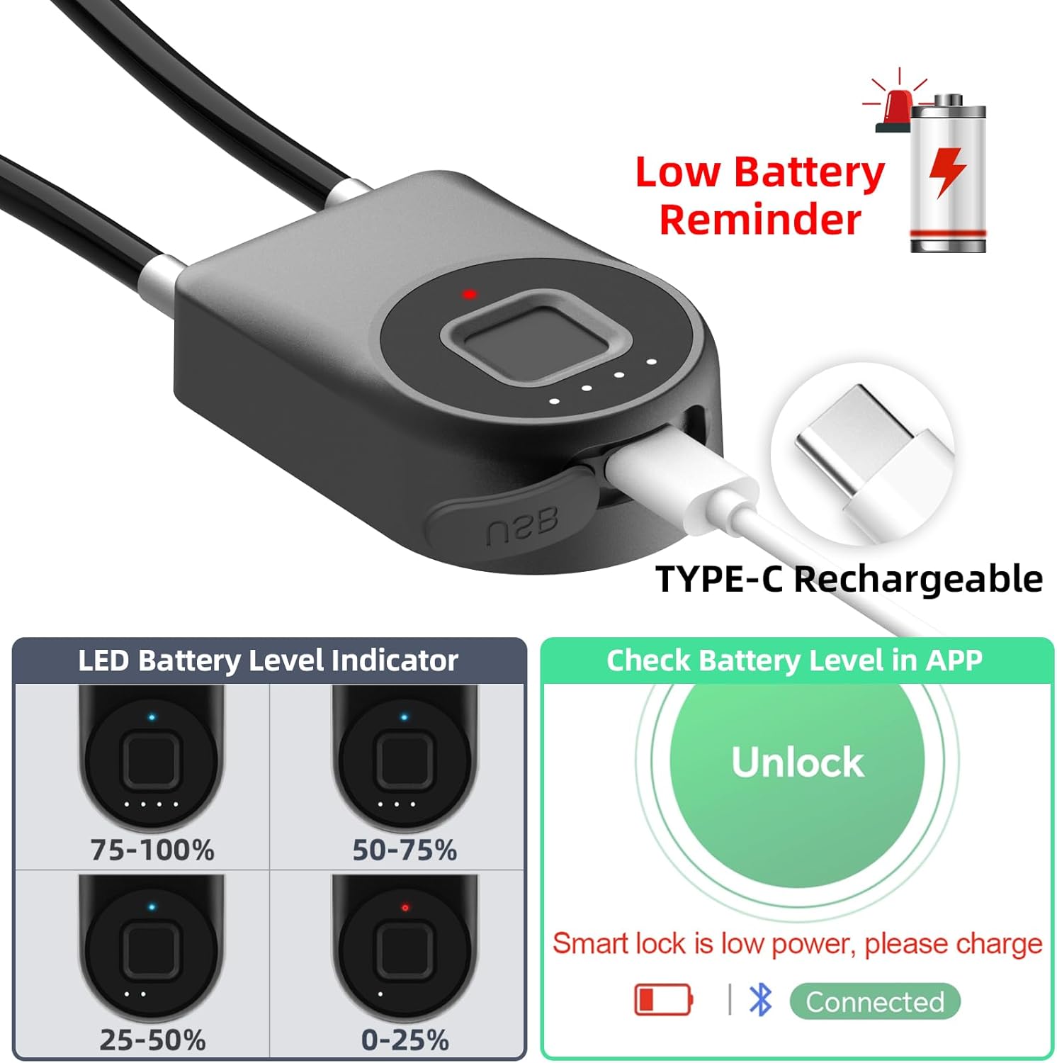 Eseesmart Long Shackle Fingerprint Cable Lock with APP Control - Waterproof Outdoor Padlock for Gym, Luggage, Cabinets - WildKart