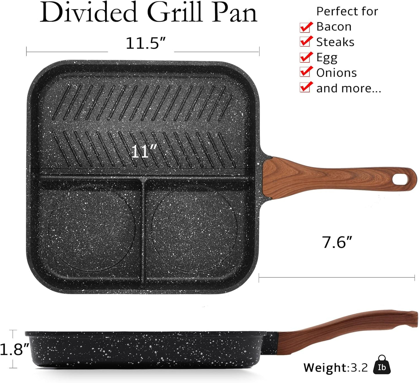 ESLITE LIFE 11" Nonstick Divided Grill Pan for Indoor Cooking - 3-In-1 Induction Breakfast Pan - Large Stove Top Griddle, PTFE & PFOA Free