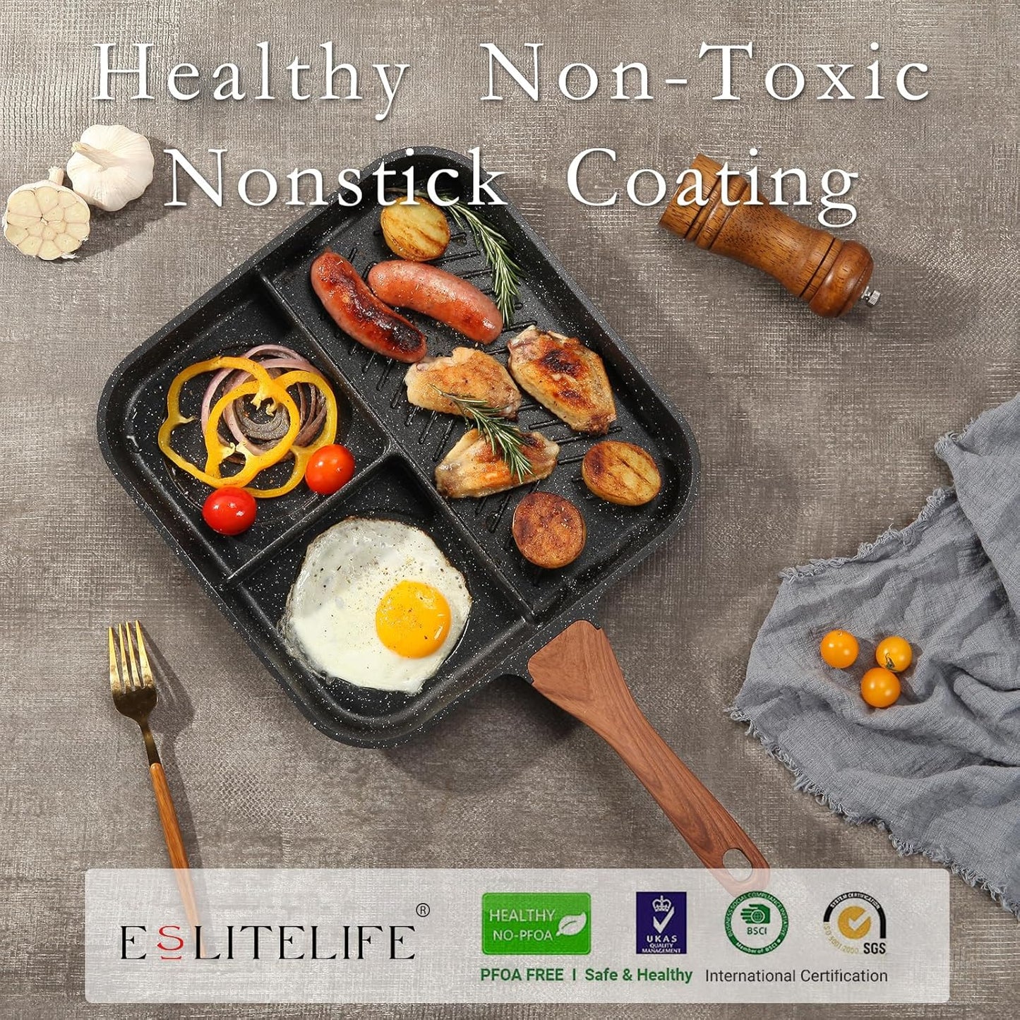 ESLITE LIFE 11" Nonstick Divided Grill Pan for Indoor Cooking - 3-In-1 Induction Breakfast Pan - Large Stove Top Griddle, PTFE & PFOA Free