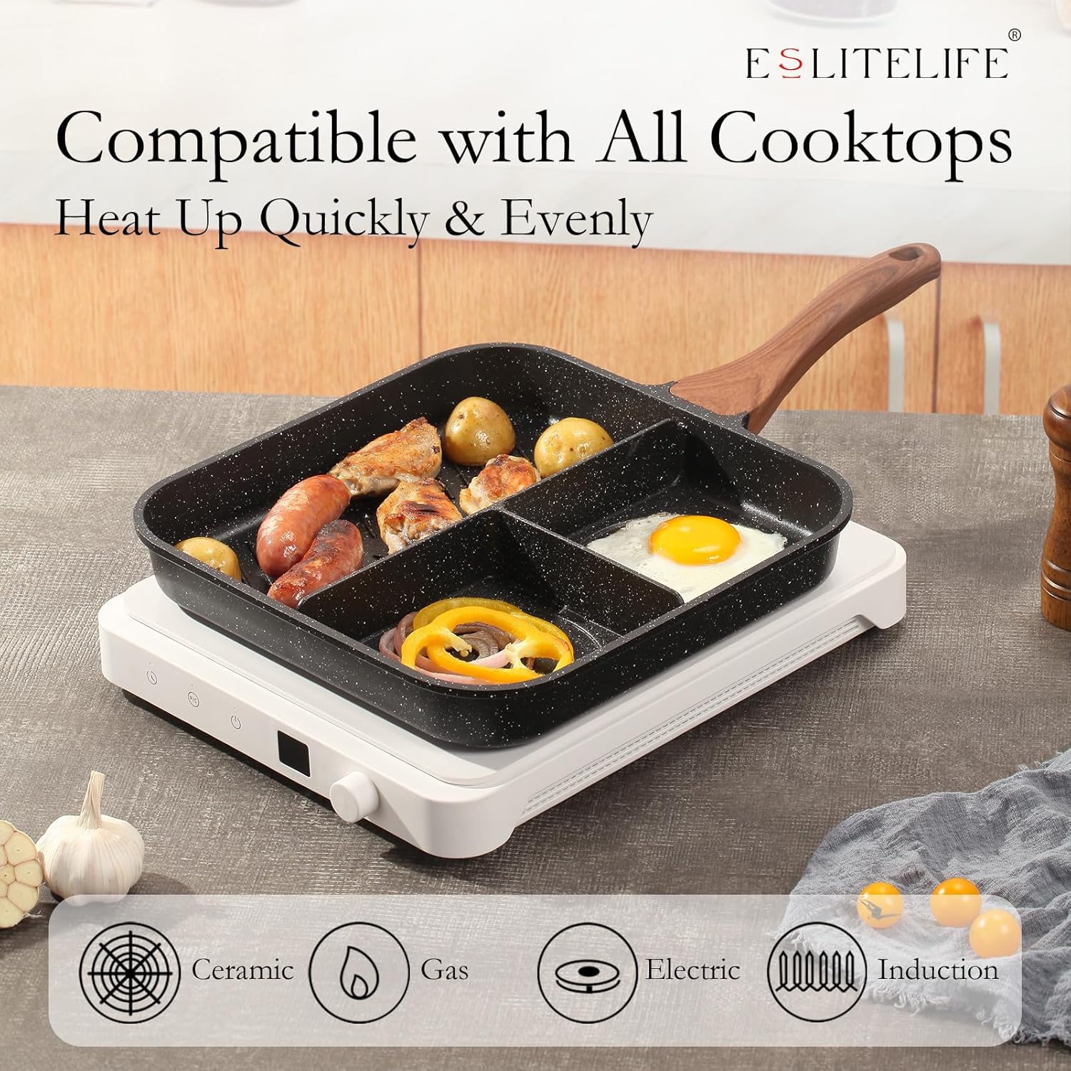 ESLITE LIFE 11" Nonstick Divided Grill Pan for Indoor Cooking - 3-In-1 Induction Breakfast Pan - Large Stove Top Griddle, PTFE & PFOA Free