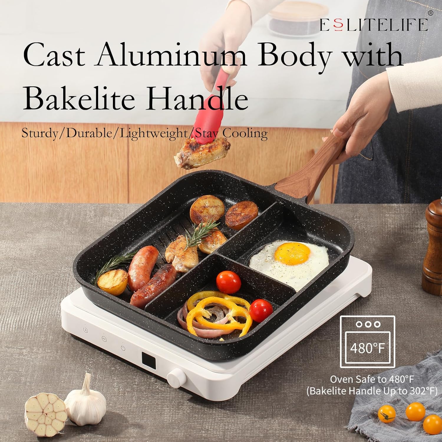 ESLITE LIFE 11" Nonstick Divided Grill Pan for Indoor Cooking - 3-In-1 Induction Breakfast Pan - Large Stove Top Griddle, PTFE & PFOA Free