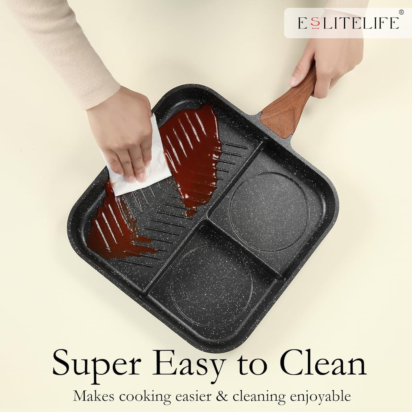 ESLITE LIFE 11" Nonstick Divided Grill Pan for Indoor Cooking - 3-In-1 Induction Breakfast Pan - Large Stove Top Griddle, PTFE & PFOA Free