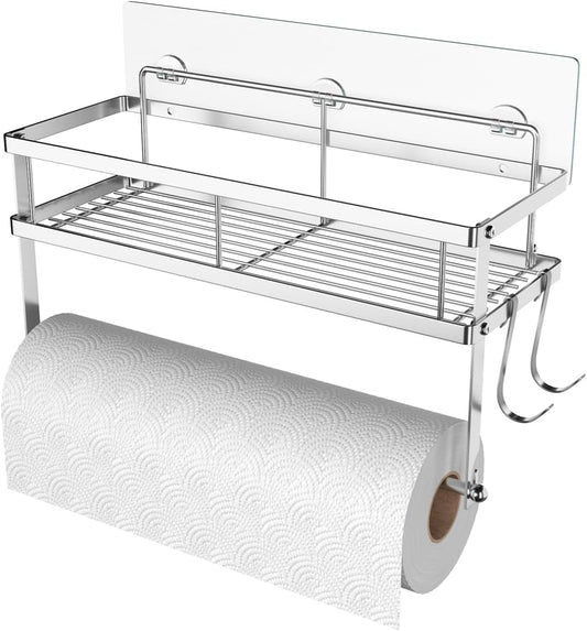 ESOW Adhesive Paper Towel Holder with Shelf Storage, Wall Mounted 2-in-1 Organizer for Kitchen & Bathroom - Durable Metal Wire Design, Brushed Nickel Finish