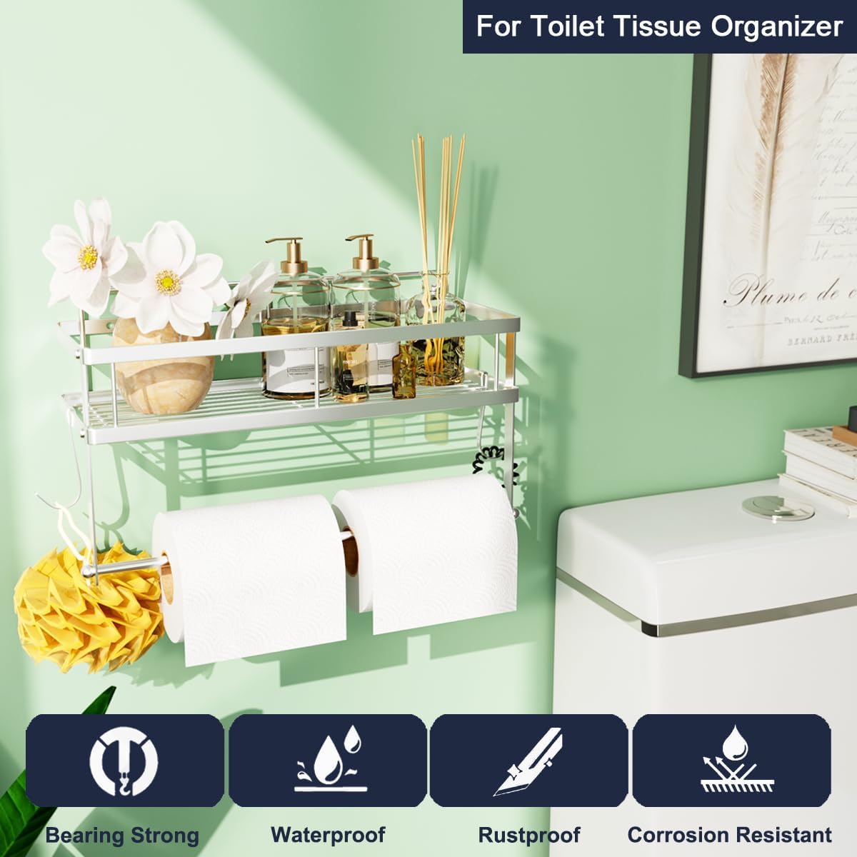 ESOW Adhesive Paper Towel Holder with Shelf Storage, Wall Mounted 2-in-1 Organizer for Kitchen & Bathroom - Durable Metal Wire Design, Brushed Nickel Finish