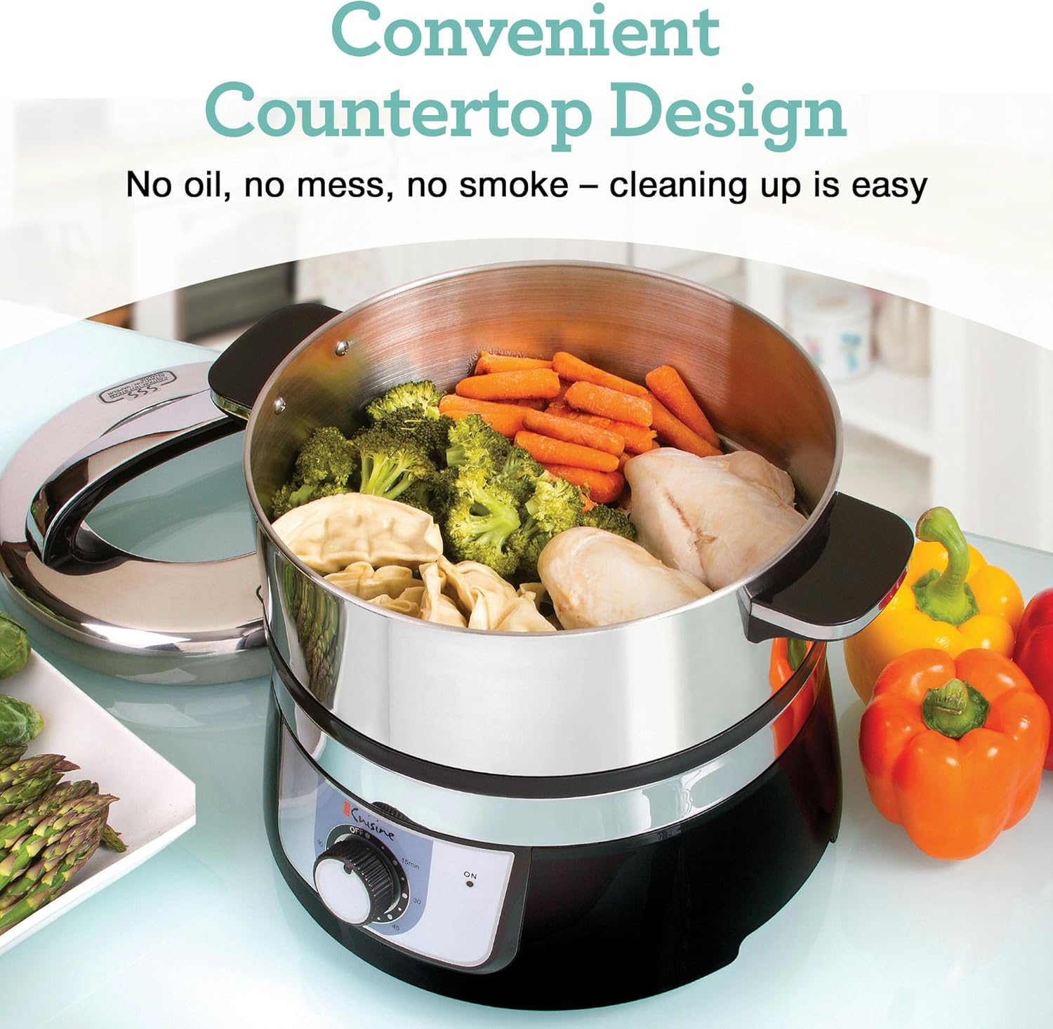 Euro Cuisine FS3200 Electric Food Steamer - Stainless Steel Vegetable Steamer & Cooker - Ideal for Healthy Cooking Fish, Veggies, Meat - Easy to Clean - 1200W