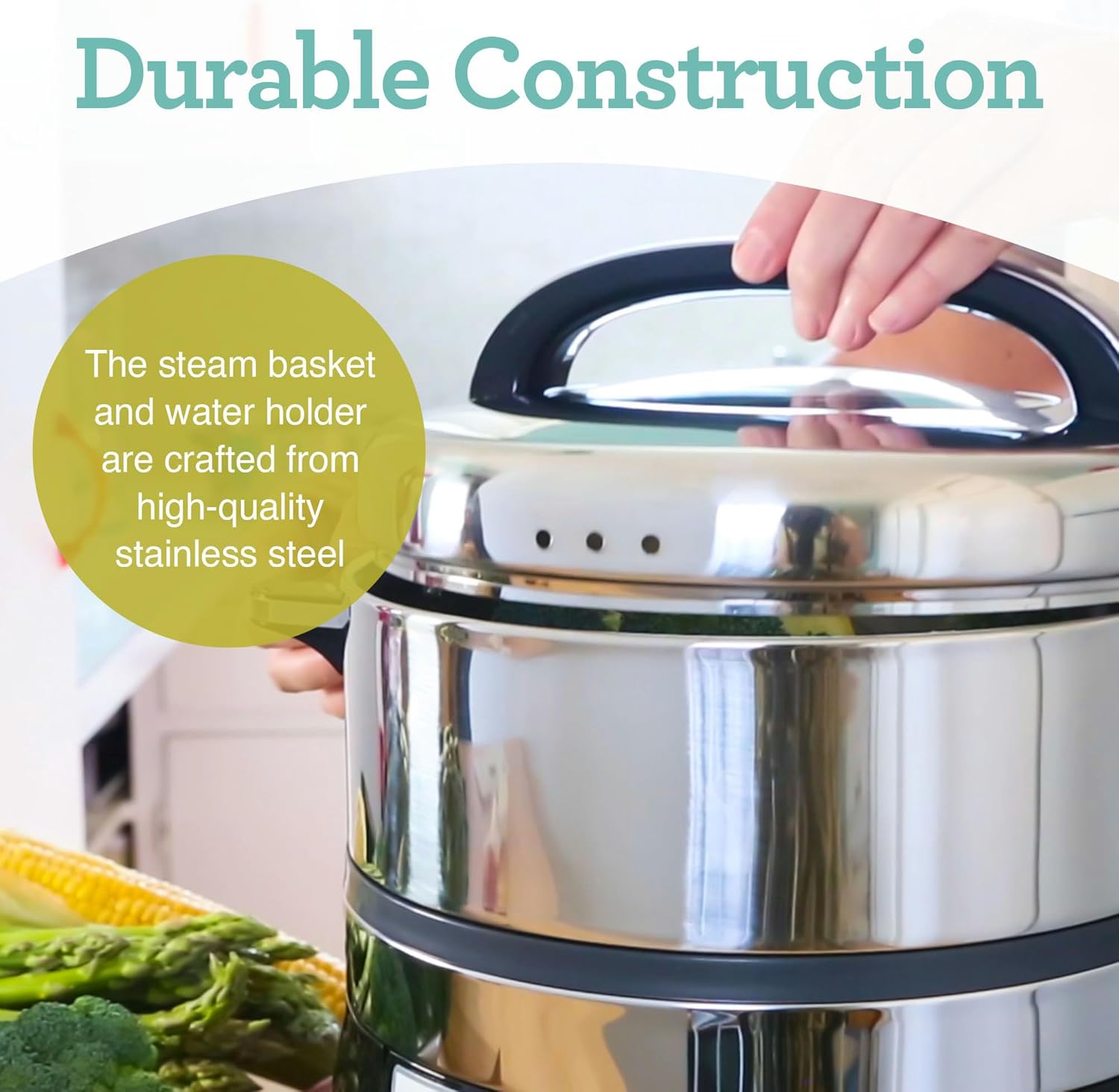 Euro Cuisine FS3200 Electric Food Steamer - Stainless Steel Vegetable Steamer & Cooker - Ideal for Healthy Cooking Fish, Veggies, Meat - Easy to Clean - 1200W