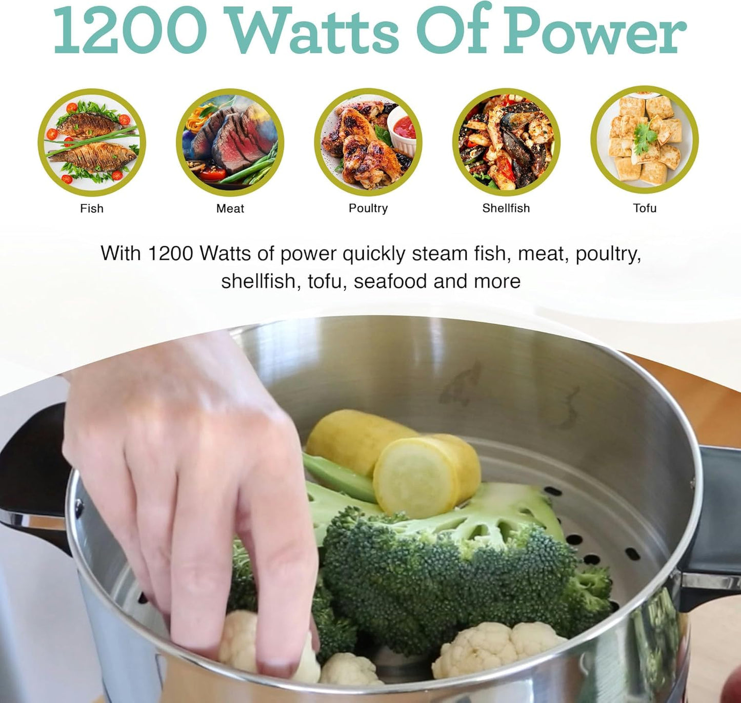 Euro Cuisine FS3200 Electric Food Steamer - Stainless Steel Vegetable Steamer & Cooker - Ideal for Healthy Cooking Fish, Veggies, Meat - Easy to Clean - 1200W