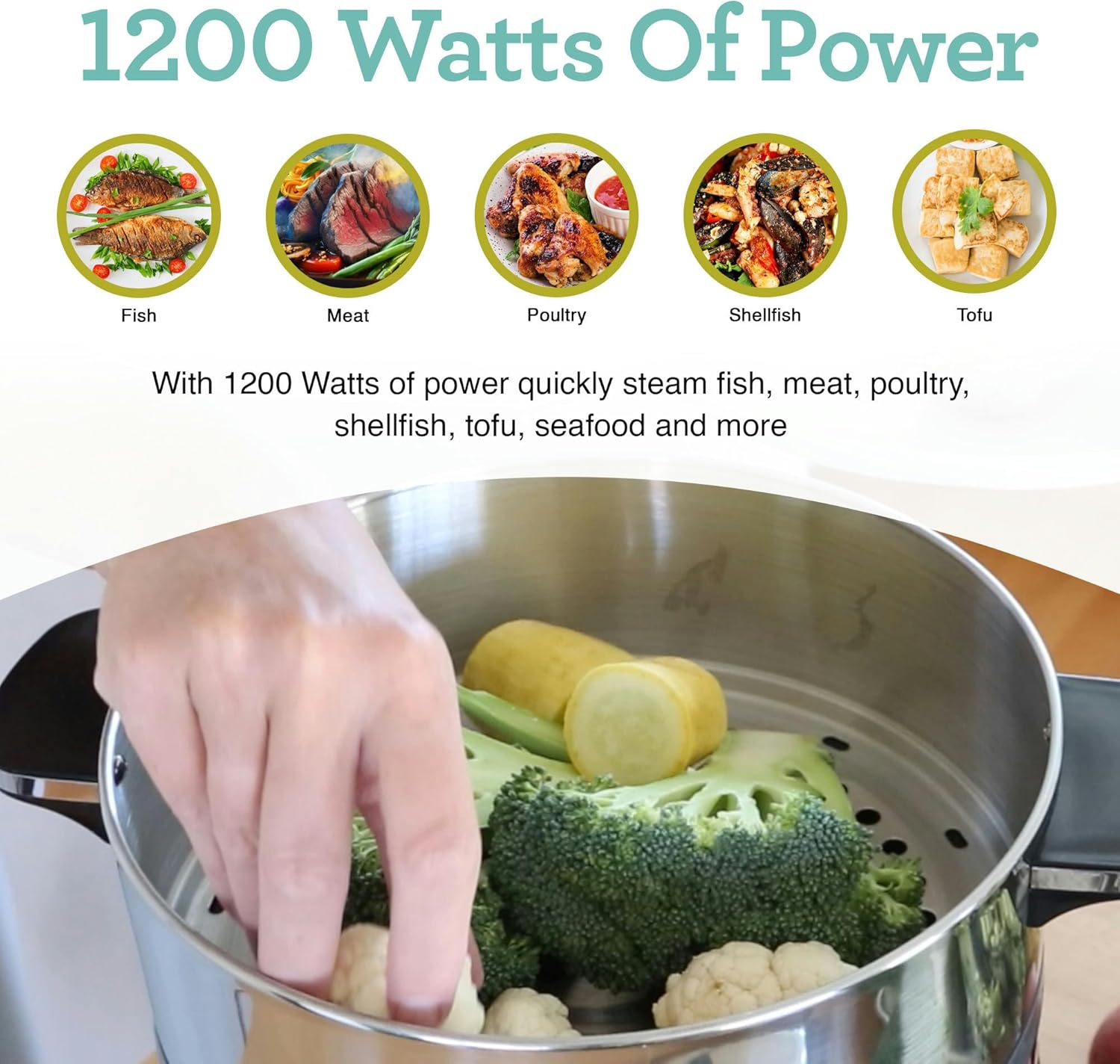 Euro Cuisine FS3200 Electric Food Steamer - Stainless Steel Vegetable Steamer & Cooker - Ideal for Healthy Cooking Fish, Veggies, Meat - Easy to Clean - 1200W