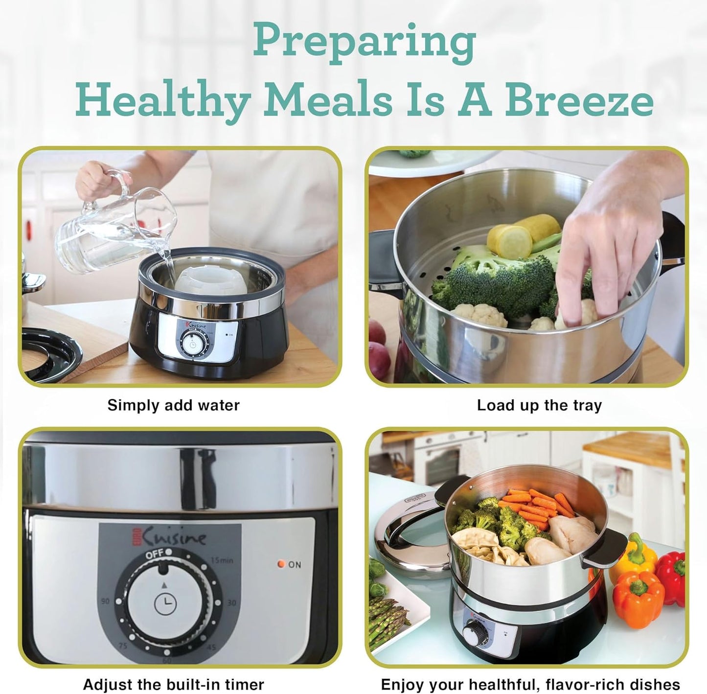 Euro Cuisine FS3200 Electric Food Steamer - Stainless Steel Vegetable Steamer & Cooker - Ideal for Healthy Cooking Fish, Veggies, Meat - Easy to Clean - 1200W