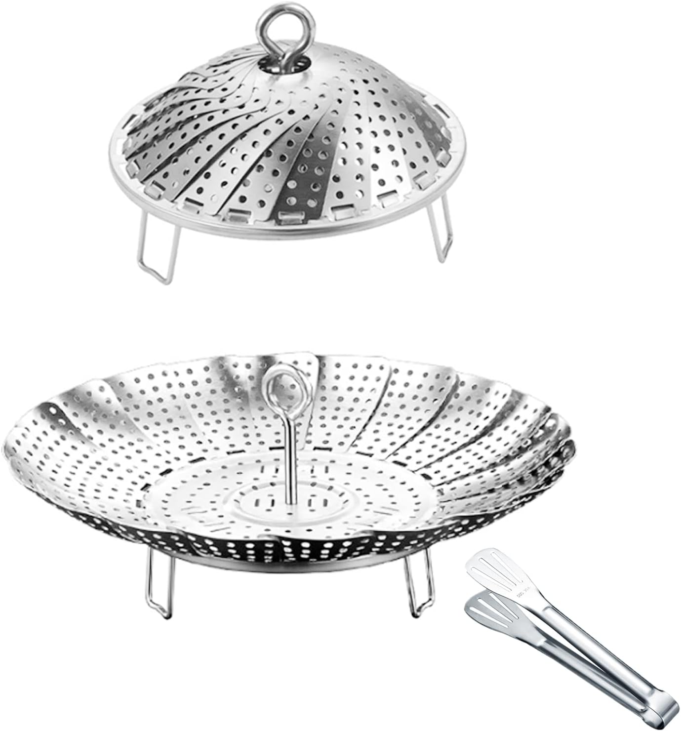 Expandable Vegetable Steamer Basket Set - 304 Stainless Steel Steamer for Cooking, Fits 5.7" to 9" Pots with Included 7.3" Kitchen Tong