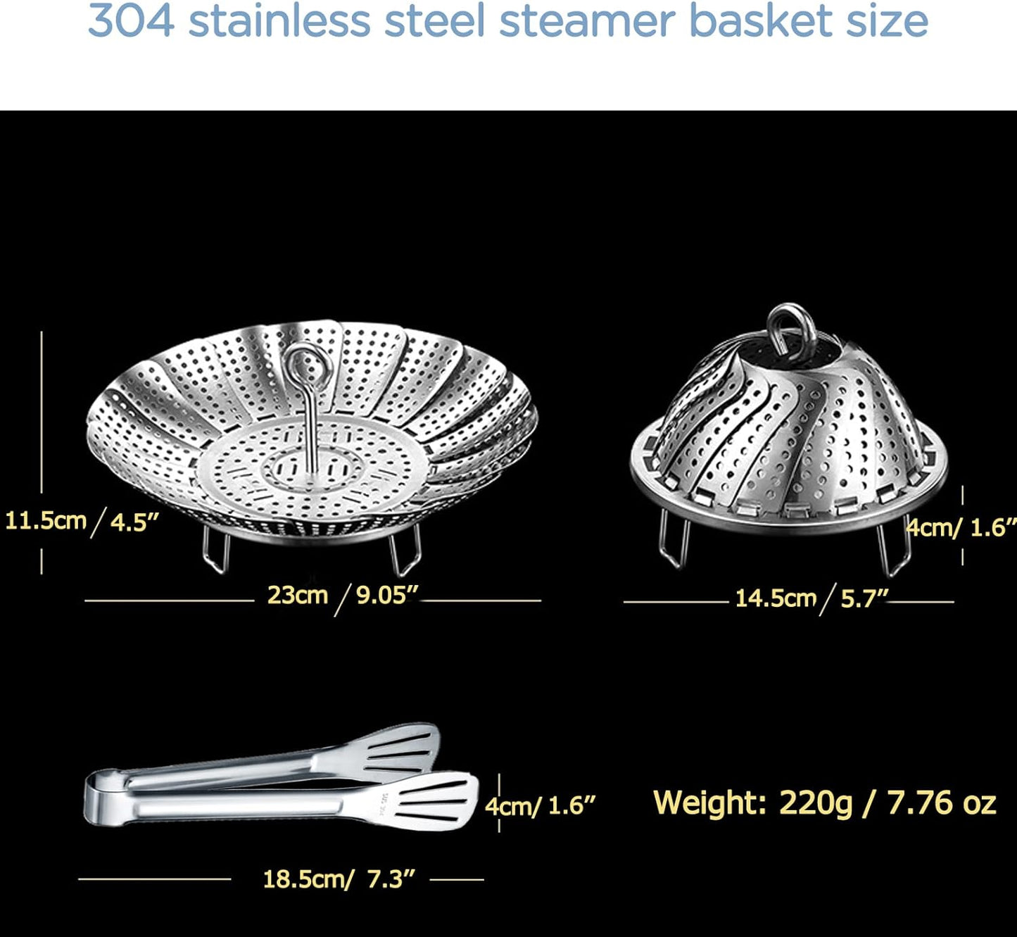 Expandable Vegetable Steamer Basket Set - 304 Stainless Steel Steamer for Cooking, Fits 5.7" to 9" Pots with Included 7.3" Kitchen Tong