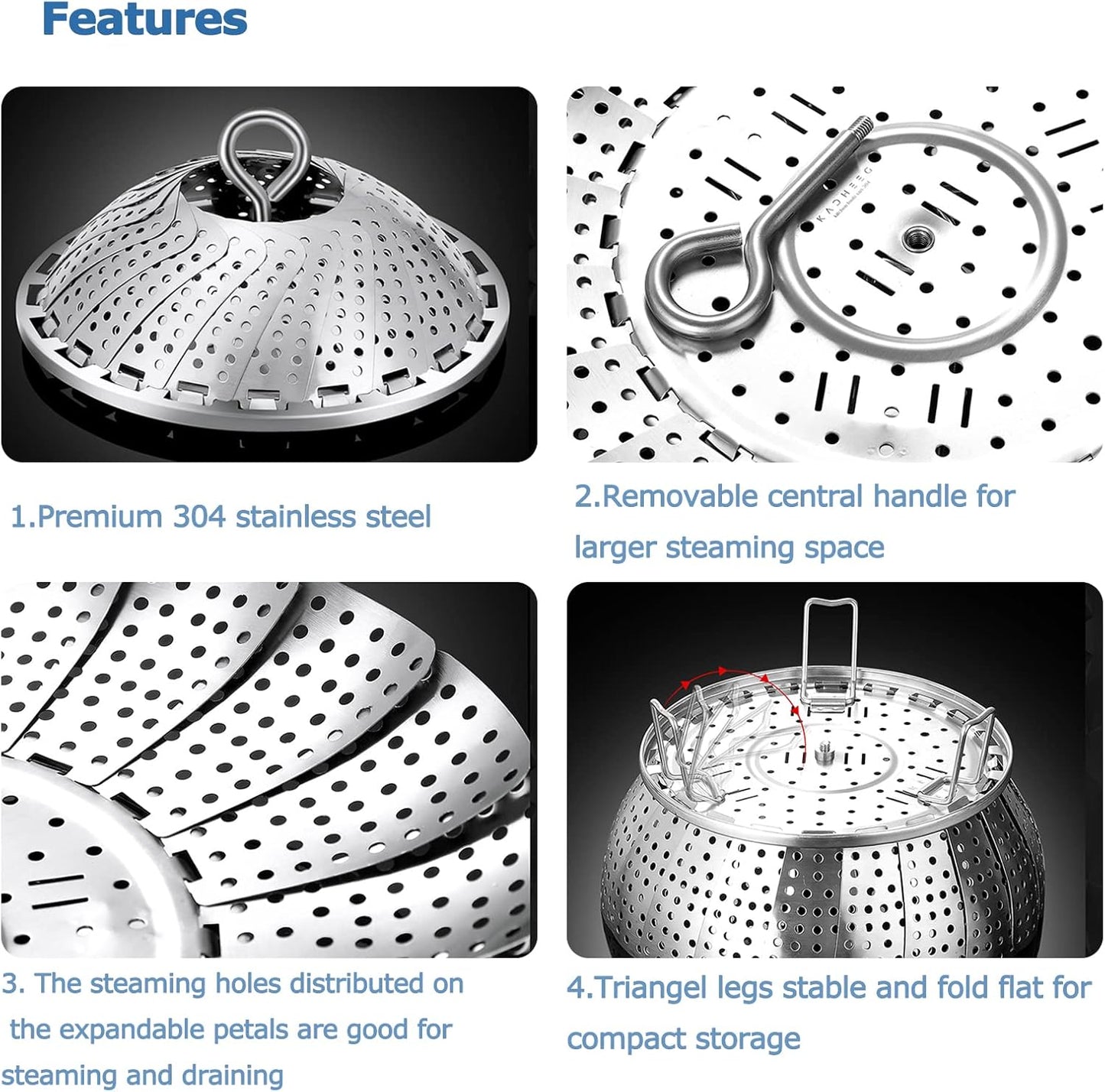 Expandable Vegetable Steamer Basket Set - 304 Stainless Steel Steamer for Cooking, Fits 5.7" to 9" Pots with Included 7.3" Kitchen Tong