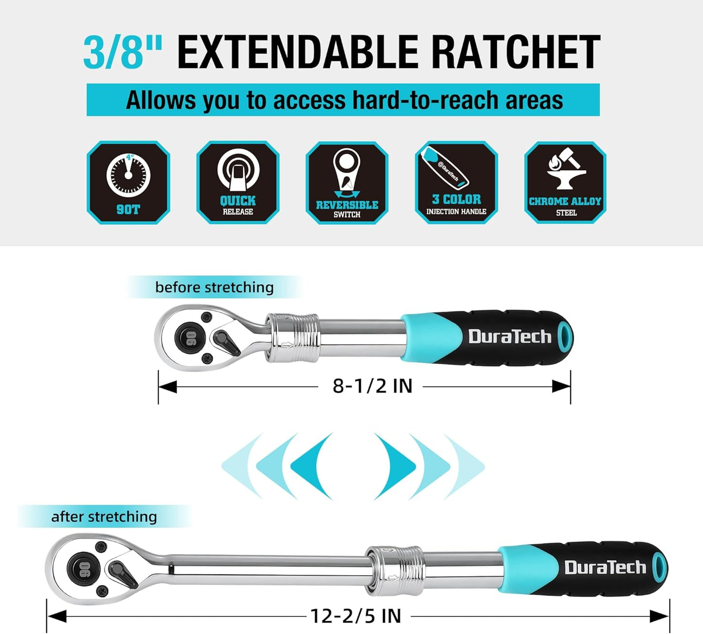 Extendable Ratchet Set with 90-Tooth Drive for Precision Tightening