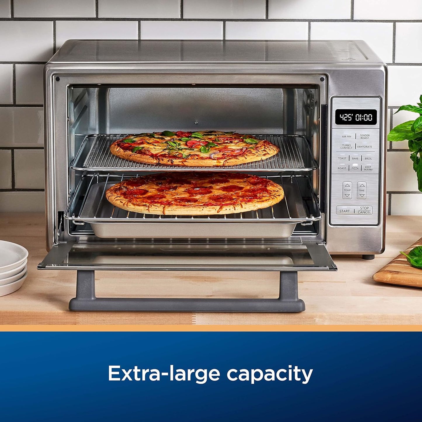 Extra-Large Oster Air Fryer Oven, 10-in-1 Functions, Fits 2 Pizzas, Stainless Steel, Ideal for Holiday Hosting