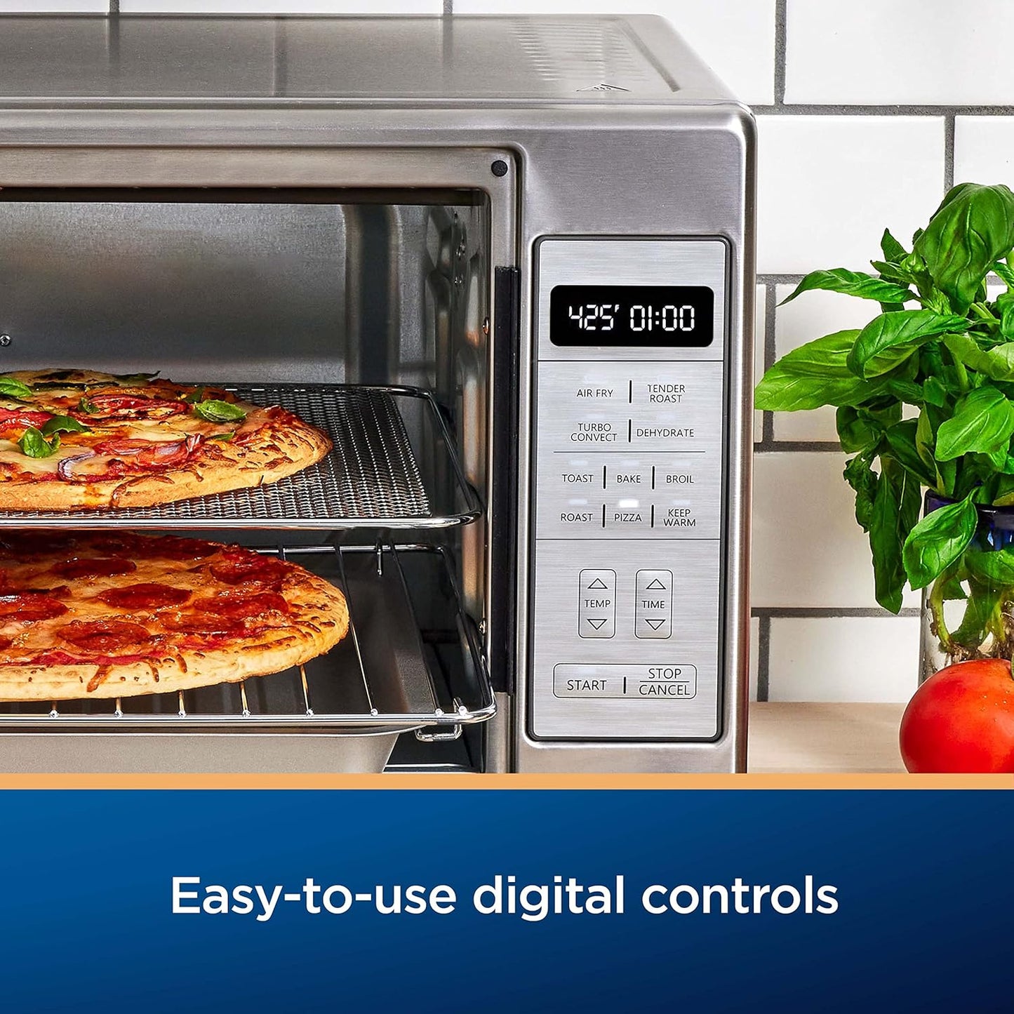 Extra-Large Oster Air Fryer Oven, 10-in-1 Functions, Fits 2 Pizzas, Stainless Steel, Ideal for Holiday Hosting