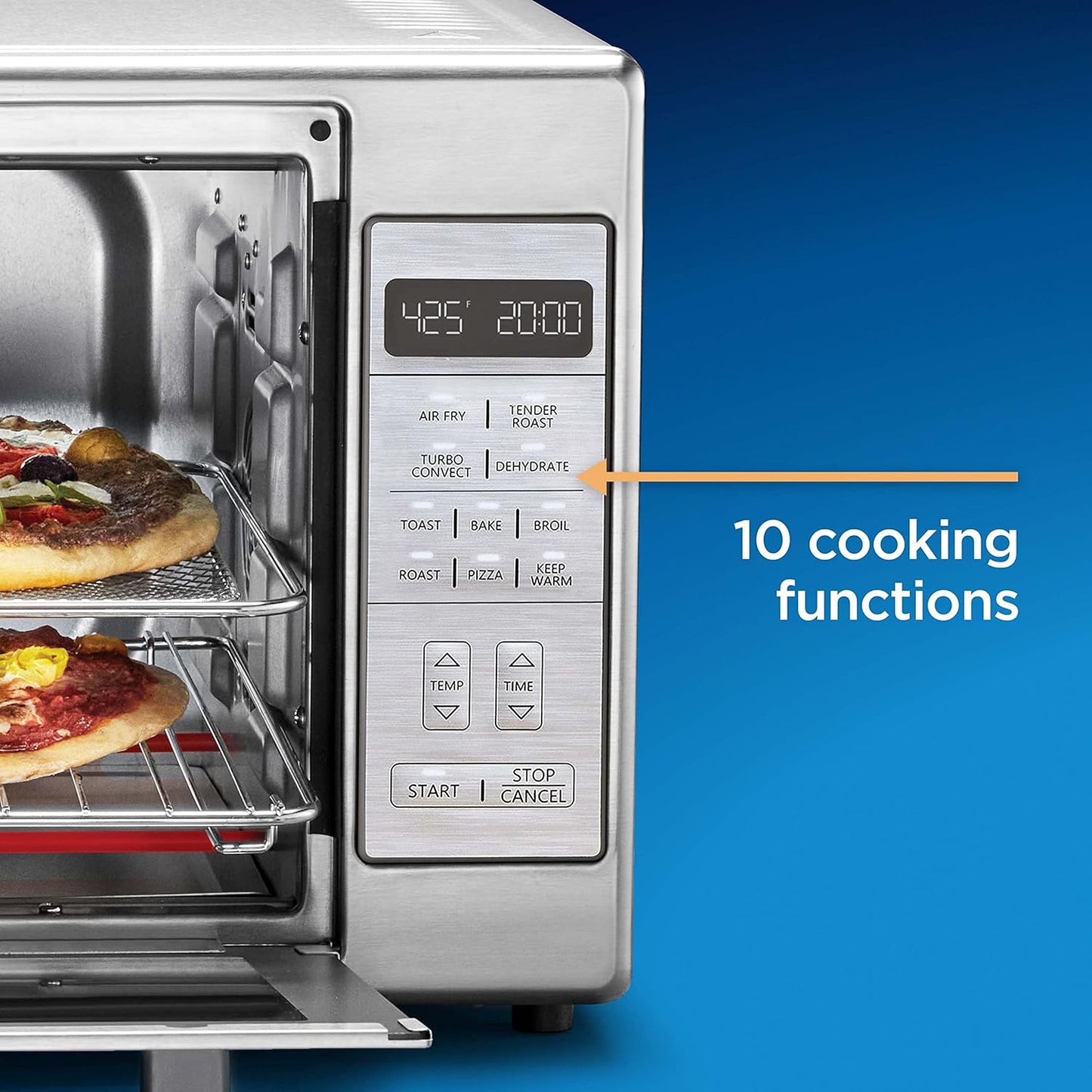 Extra-Large Oster Air Fryer Oven, 10-in-1 Functions, Fits 2 Pizzas, Stainless Steel, Ideal for Holiday Hosting