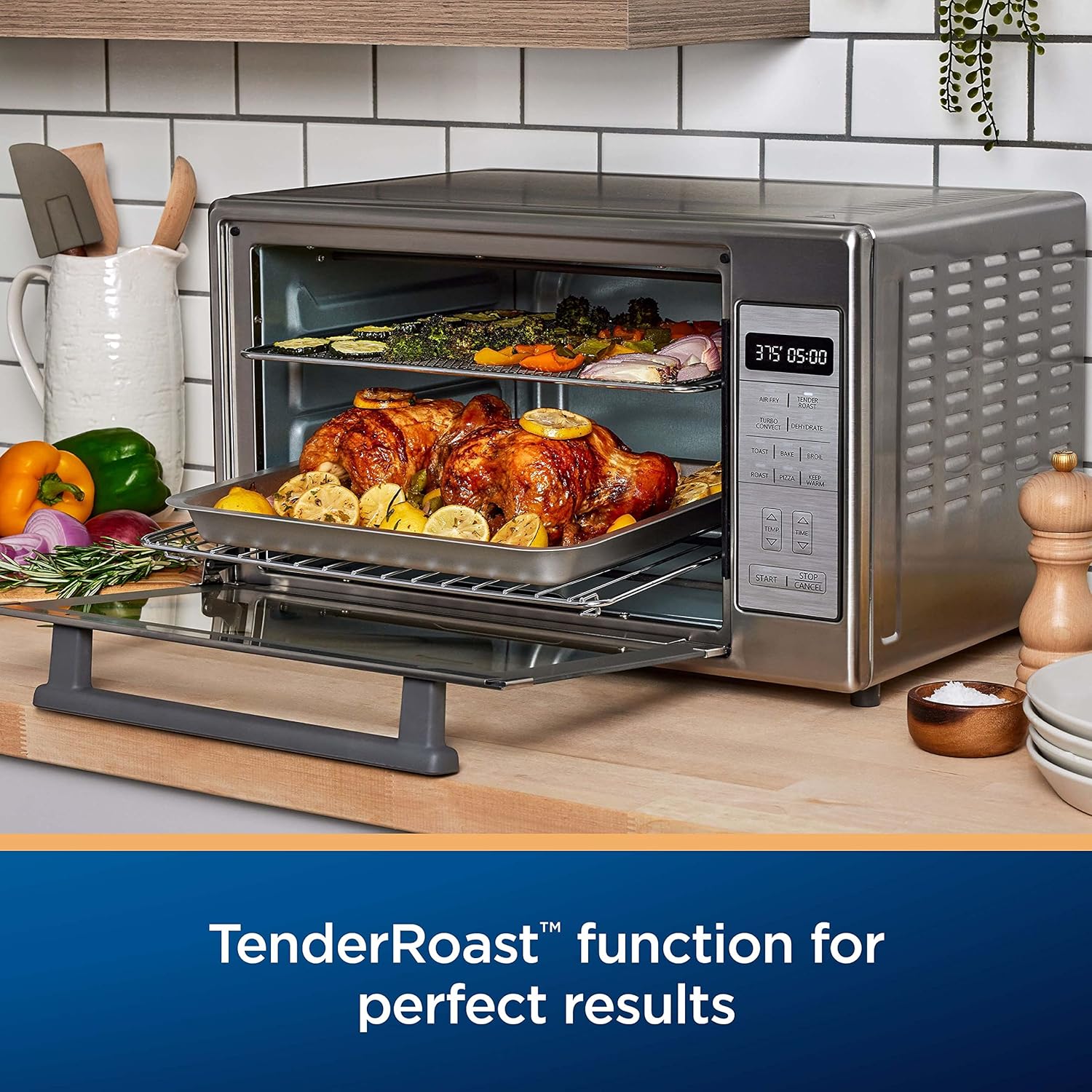 Extra-Large Oster Air Fryer Oven, 10-in-1 Functions, Fits 2 Pizzas, Stainless Steel, Ideal for Holiday Hosting