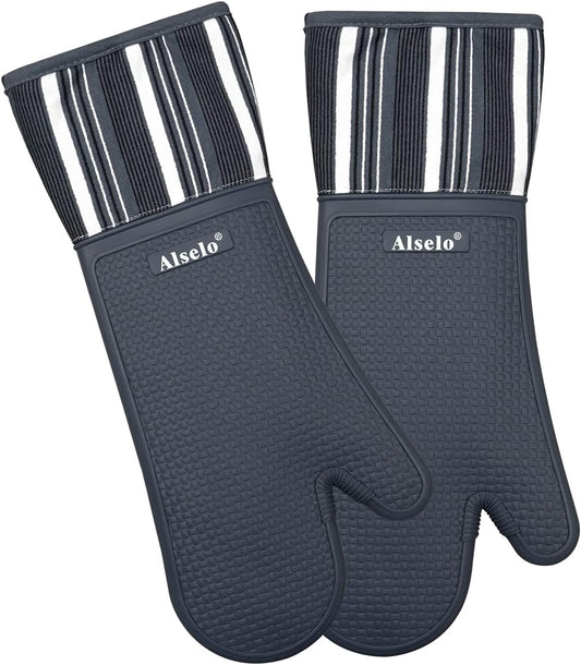 Extra Long Grey Silicone Oven Mitts Heat Resistant up to 550 Degrees - Waterproof, Non-Slip Kitchen Gloves for Baking, Cooking, BBQ - Machine Washable Pot Holders (2 Pack)
