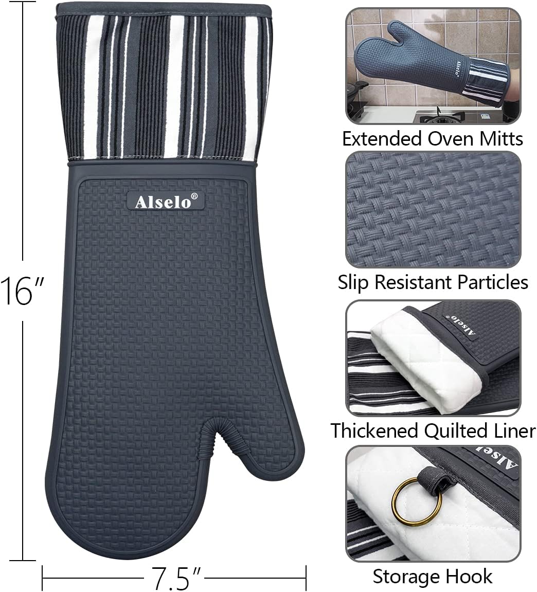 Extra Long Grey Silicone Oven Mitts Heat Resistant up to 550 Degrees - Waterproof, Non-Slip Kitchen Gloves for Baking, Cooking, BBQ - Machine Washable Pot Holders (2 Pack)