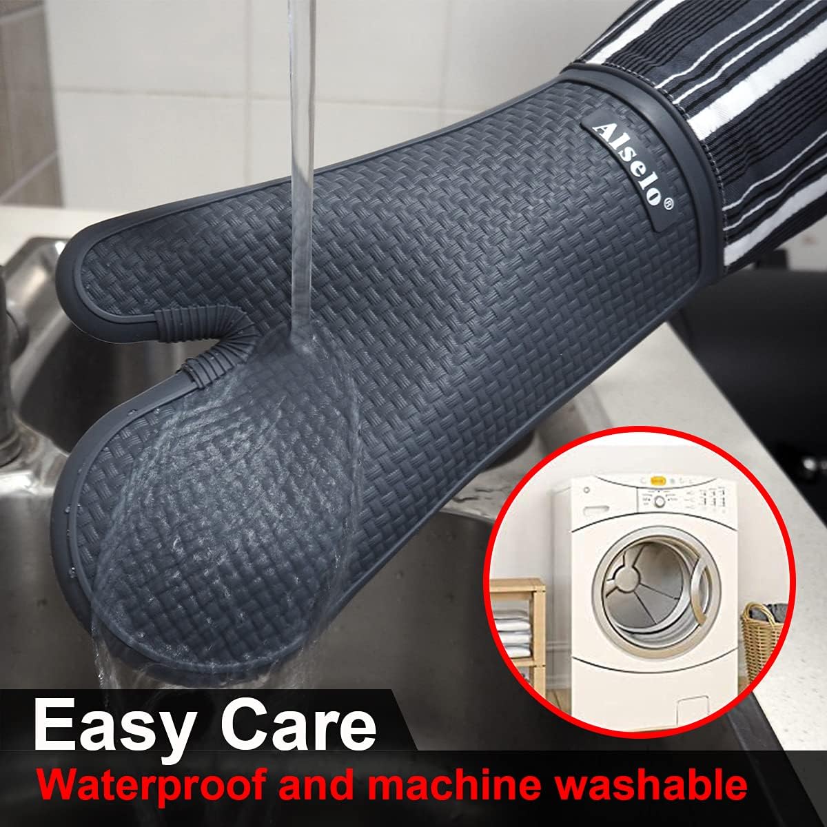 Extra Long Grey Silicone Oven Mitts Heat Resistant up to 550 Degrees - Waterproof, Non-Slip Kitchen Gloves for Baking, Cooking, BBQ - Machine Washable Pot Holders (2 Pack)