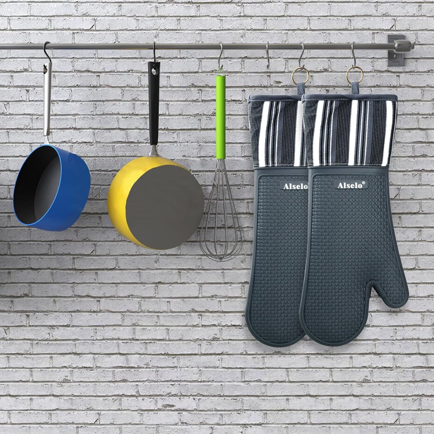 Extra Long Grey Silicone Oven Mitts Heat Resistant up to 550 Degrees - Waterproof, Non-Slip Kitchen Gloves for Baking, Cooking, BBQ - Machine Washable Pot Holders (2 Pack)