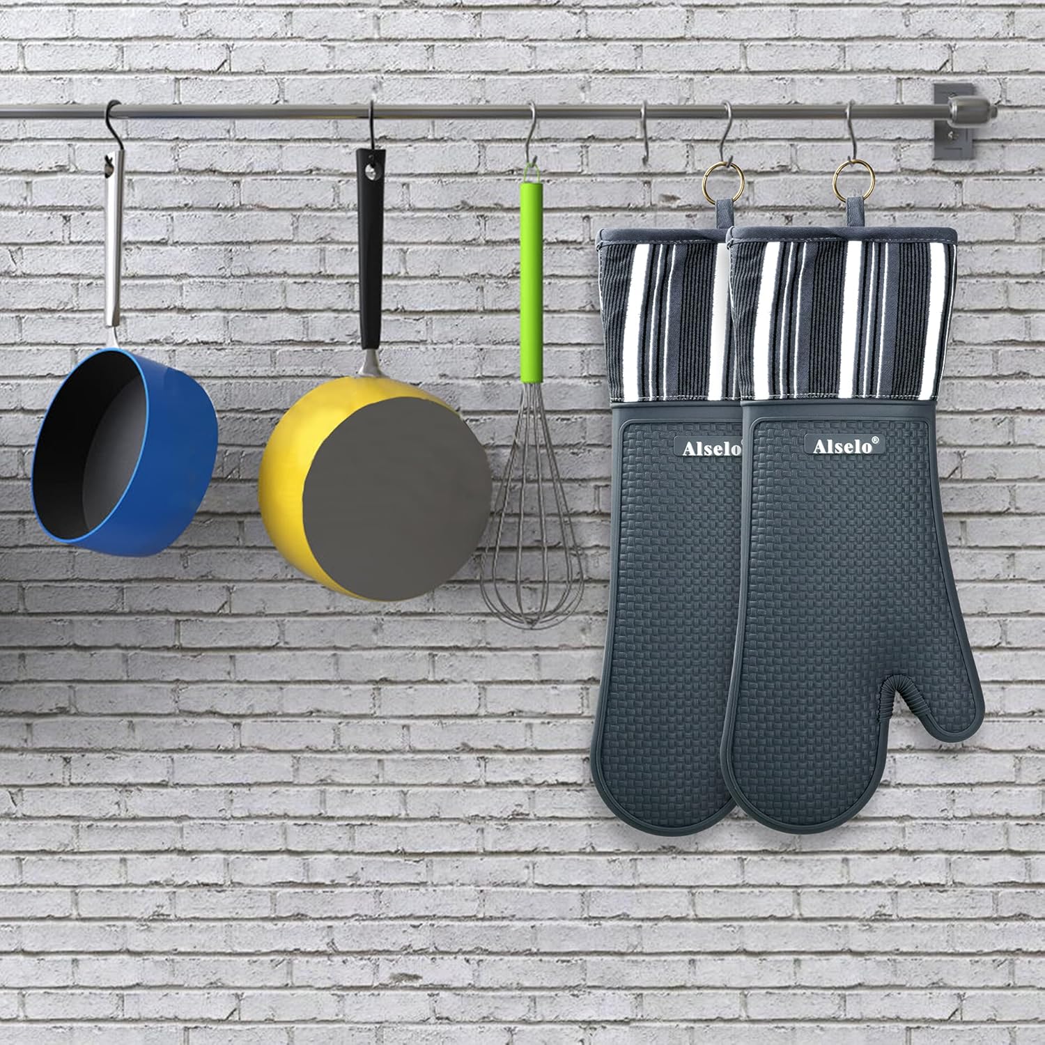 Extra Long Grey Silicone Oven Mitts Heat Resistant up to 550 Degrees - Waterproof, Non-Slip Kitchen Gloves for Baking, Cooking, BBQ - Machine Washable Pot Holders (2 Pack)