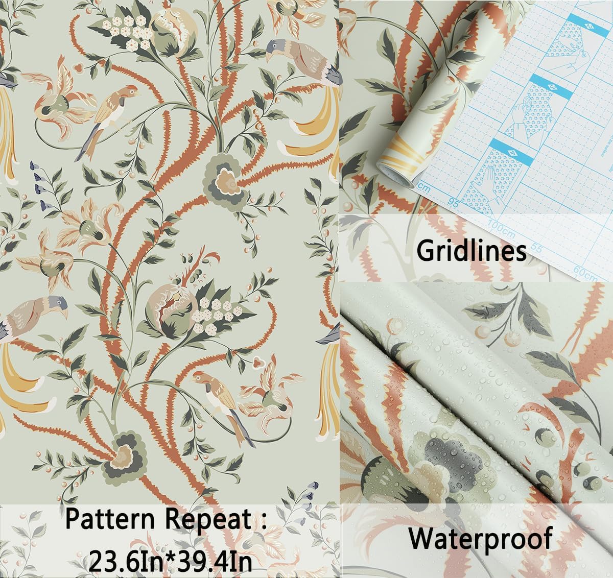 Extra-Wide Green Floral Peel and Stick Wallpaper - 23.62"x118" - Removable DIY Self Adhesive Contact Paper for Livingroom and Bedroom Decor