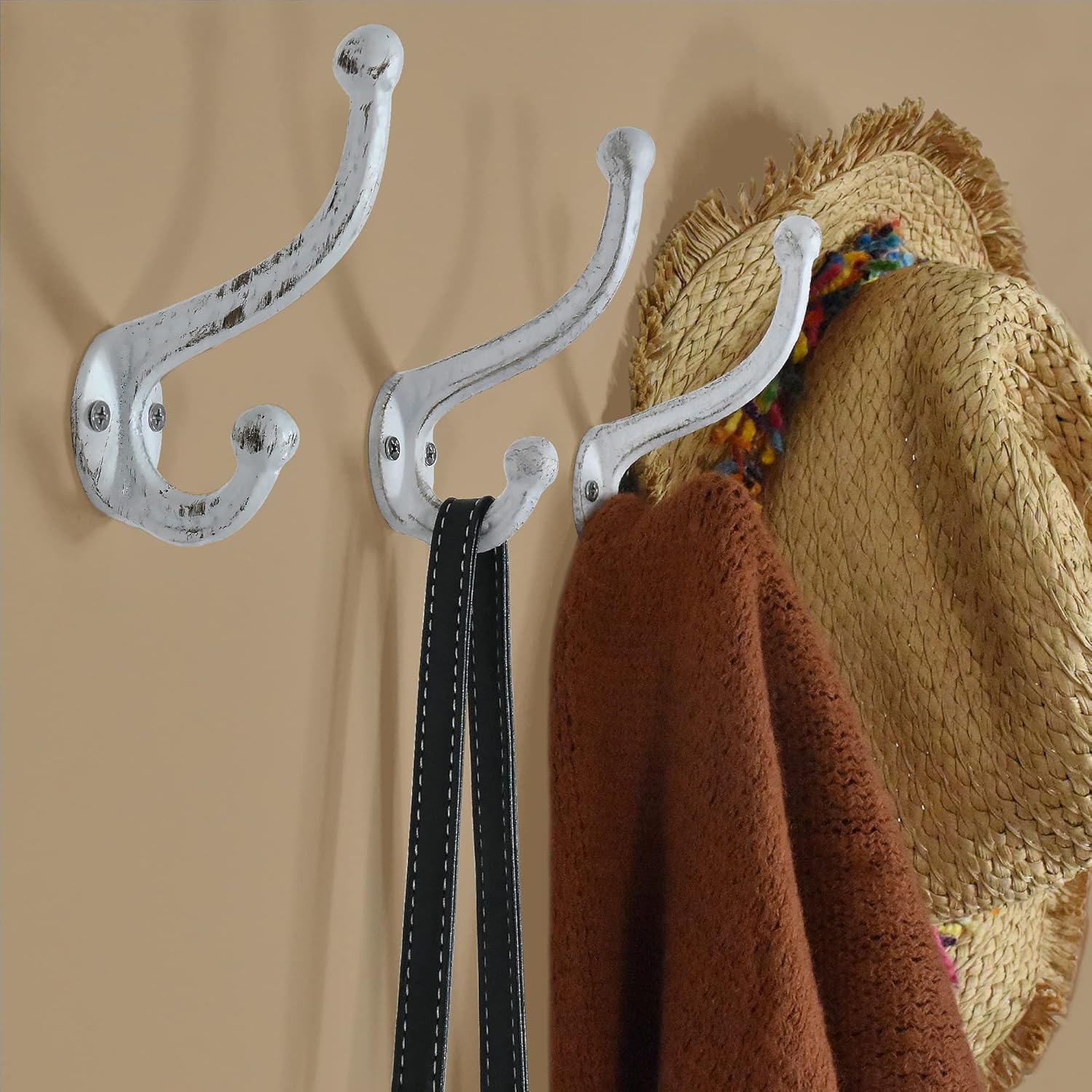 Farmhouse Vintage White Cast Iron Coat Hooks - Set of 4 Heavy Duty Rustic Wall Mounted Hooks