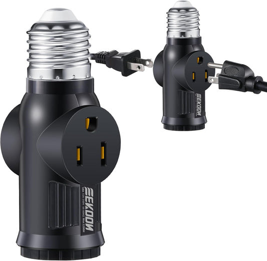 Feekoon E26 Light Bulb Outlet Adapter with Polarized Socket to Plug Converter - 1 Pcs Black 3 Prong Splitter for Garage Porch